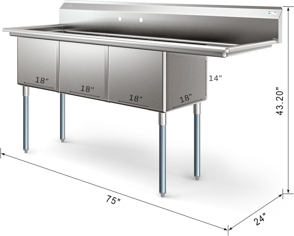 KoolMore 75 in. Three Compartment 18-Gauge Stainless-Steel NSF Commercial Kitchen Sink, Bowl Size 18x18x14, with Three Basins and Pre-Drilled Faucet Holes with a Right Drainboard (KM-SC181814-18R3)
