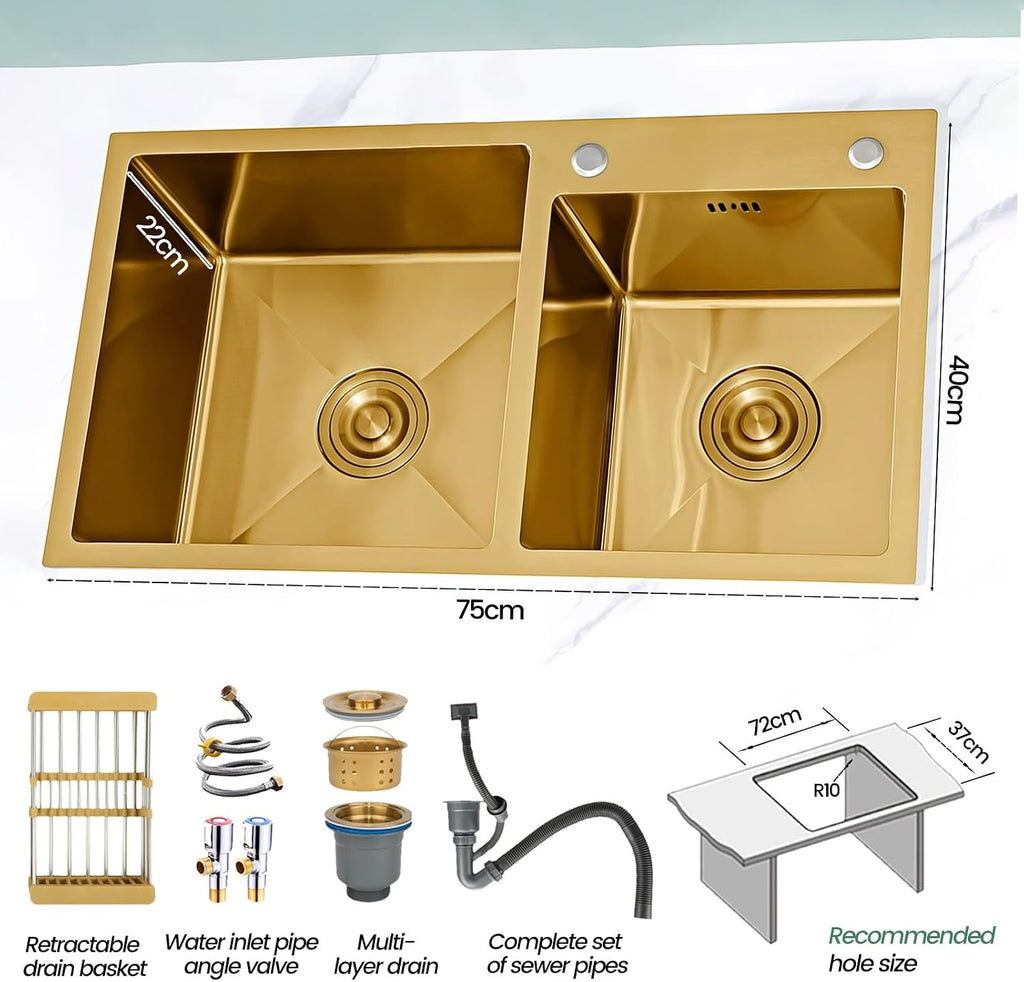 Stainless Steel Double Bowl Kitchen Sink, Drop-In Workstation Sink, With Retractable Drain Basket, Drain Sets Included, Large Undermount Farmhouse Sink, Top-Mount Kitchen Bar Sink(B,75x40x22cm)