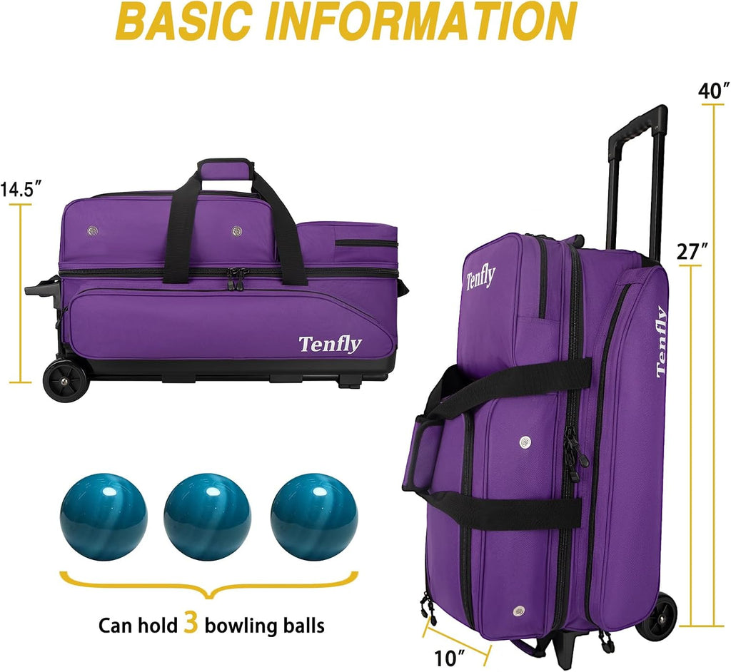 Triple Roller Bowling Bag with Wheels, Heavy Duty 3 Ball Bag for League & Recreational Bowlers