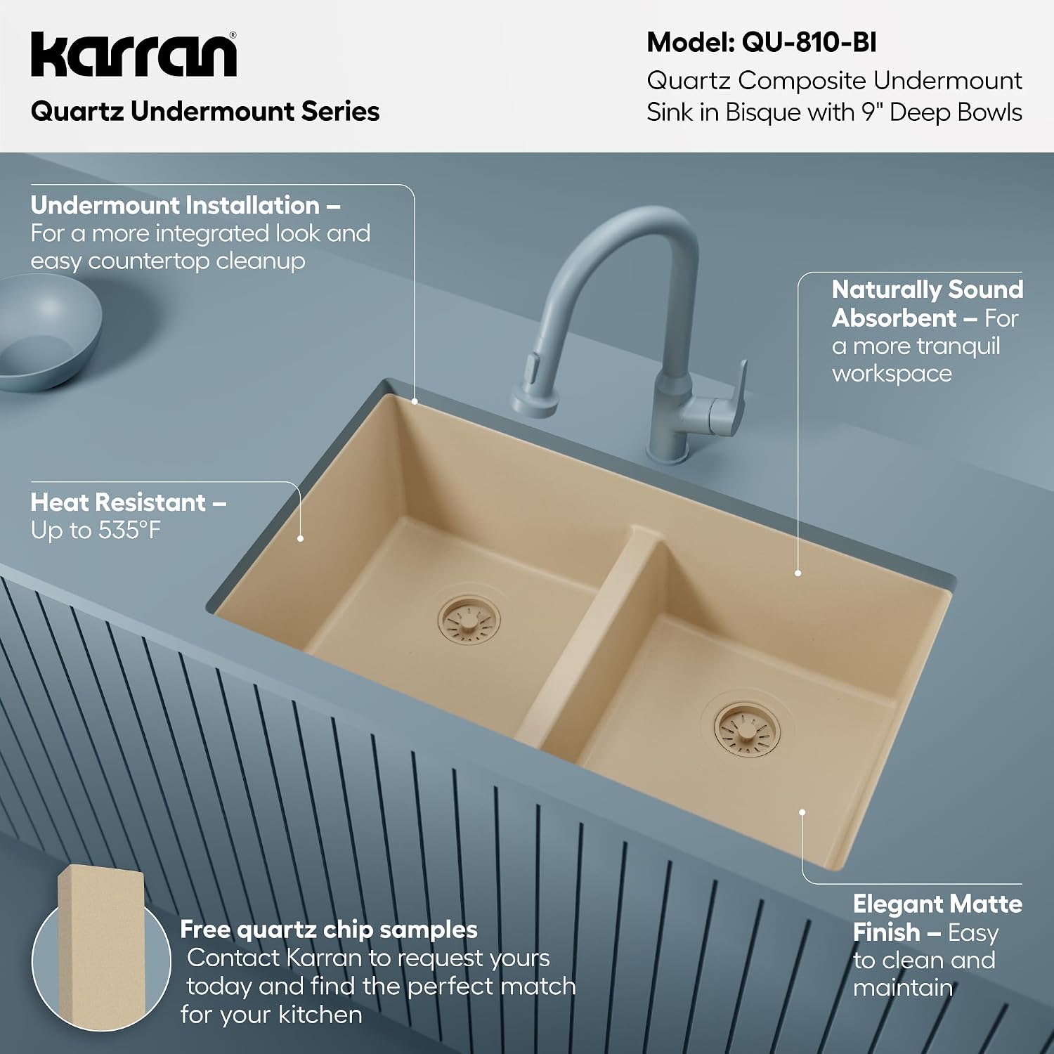 Karran 32' Bisque Quartz Composite Undermount Double Bowl Kitchen Sink with Low Divider – 50/50 Equal Bowl, 80% Natural Quartz, 535°F Heat Resistant, Sound Dampening, QU-810