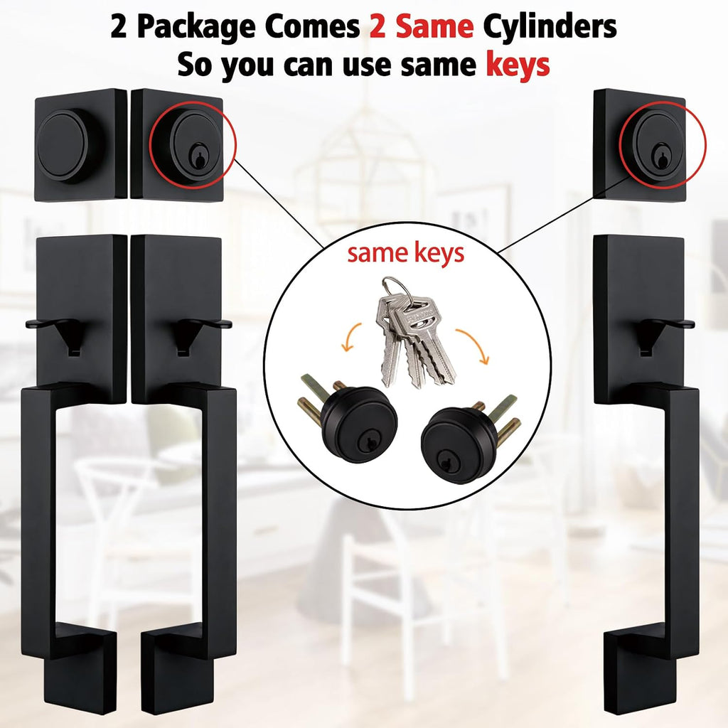 NEWBANG 2 Pack to be Keyed Alike Traditional Entry Handlesets for Front Doors with Same Culinders and Same Keys in Matte Black(1 PC Keyed and 1 PC Keyed & Dummy),MDHST2010DB-AMZ-SET