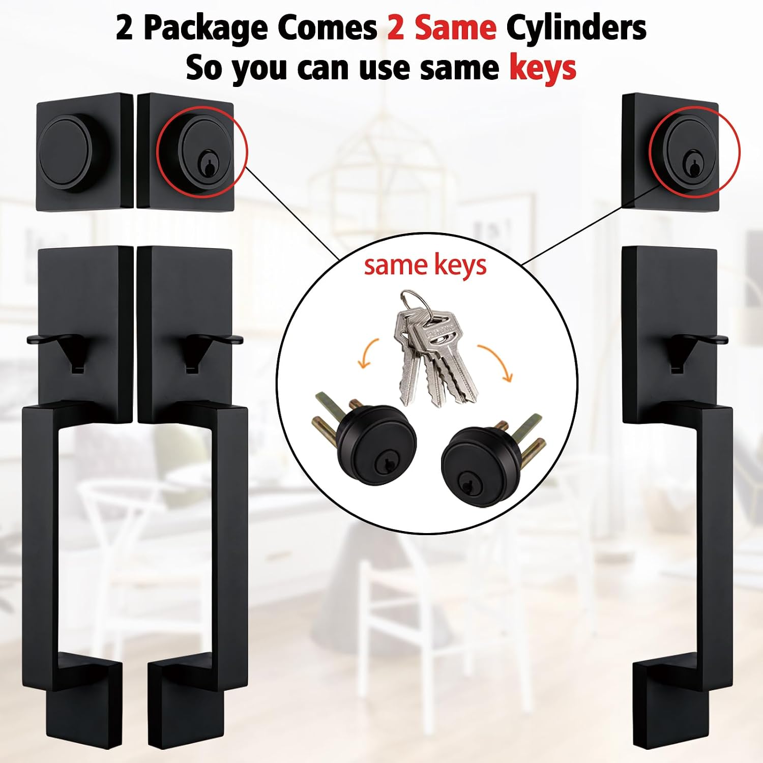 NEWBANG 2 Pack to be Keyed Alike Traditional Entry Handlesets for Front Doors with Same Culinders and Same Keys in Matte Black(1 PC Keyed and 1 PC Keyed & Dummy),MDHST2010DB-AMZ-SET