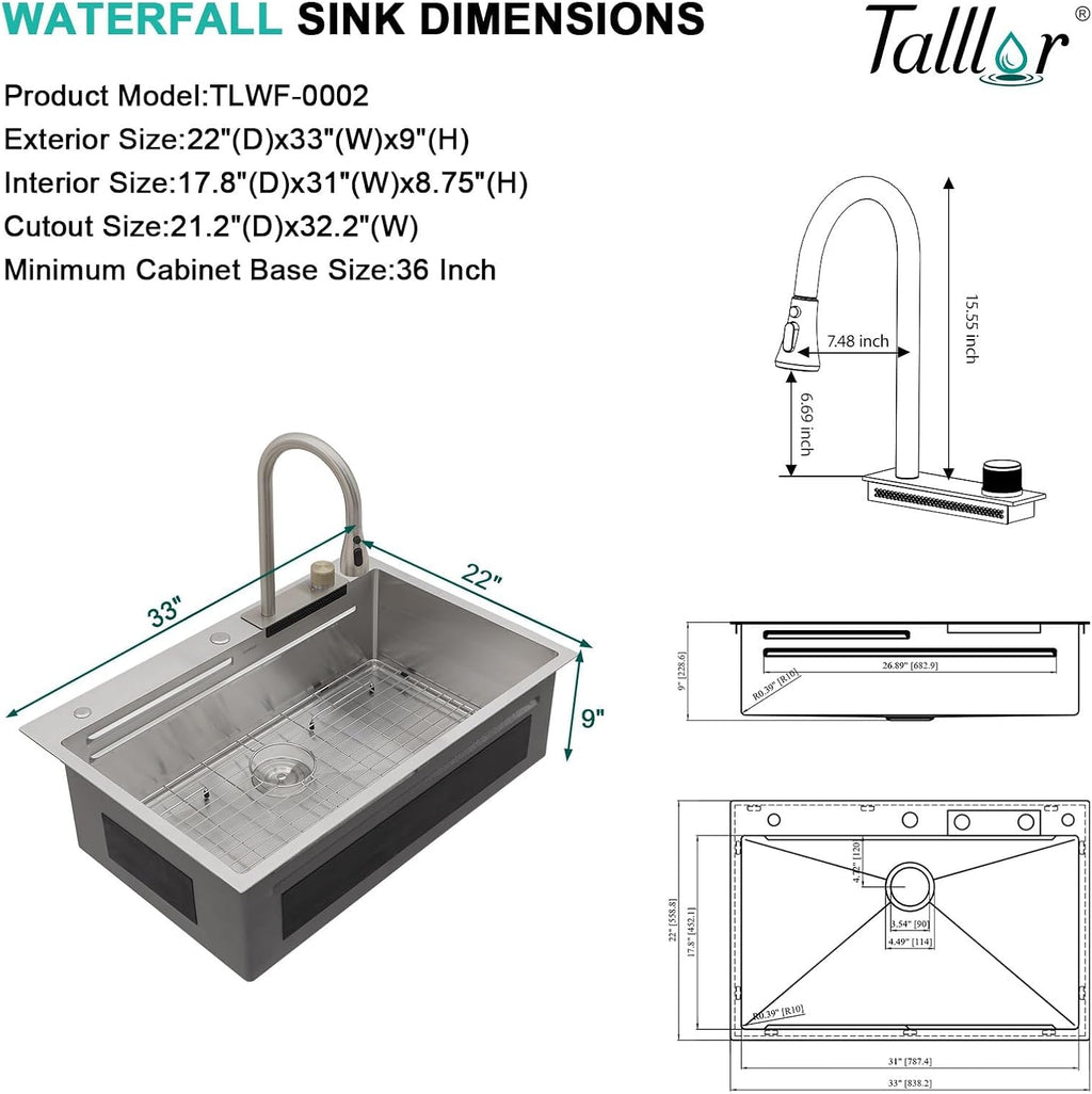 33x22 Drop In Stainless Steel Kitchen Sink with Faucet, Single Bowl Topmount Sink 16 Gauge, Waterfall Feature & Cup Washer, Workstation Accessories for Residential Kitchen #TLWF-0002
