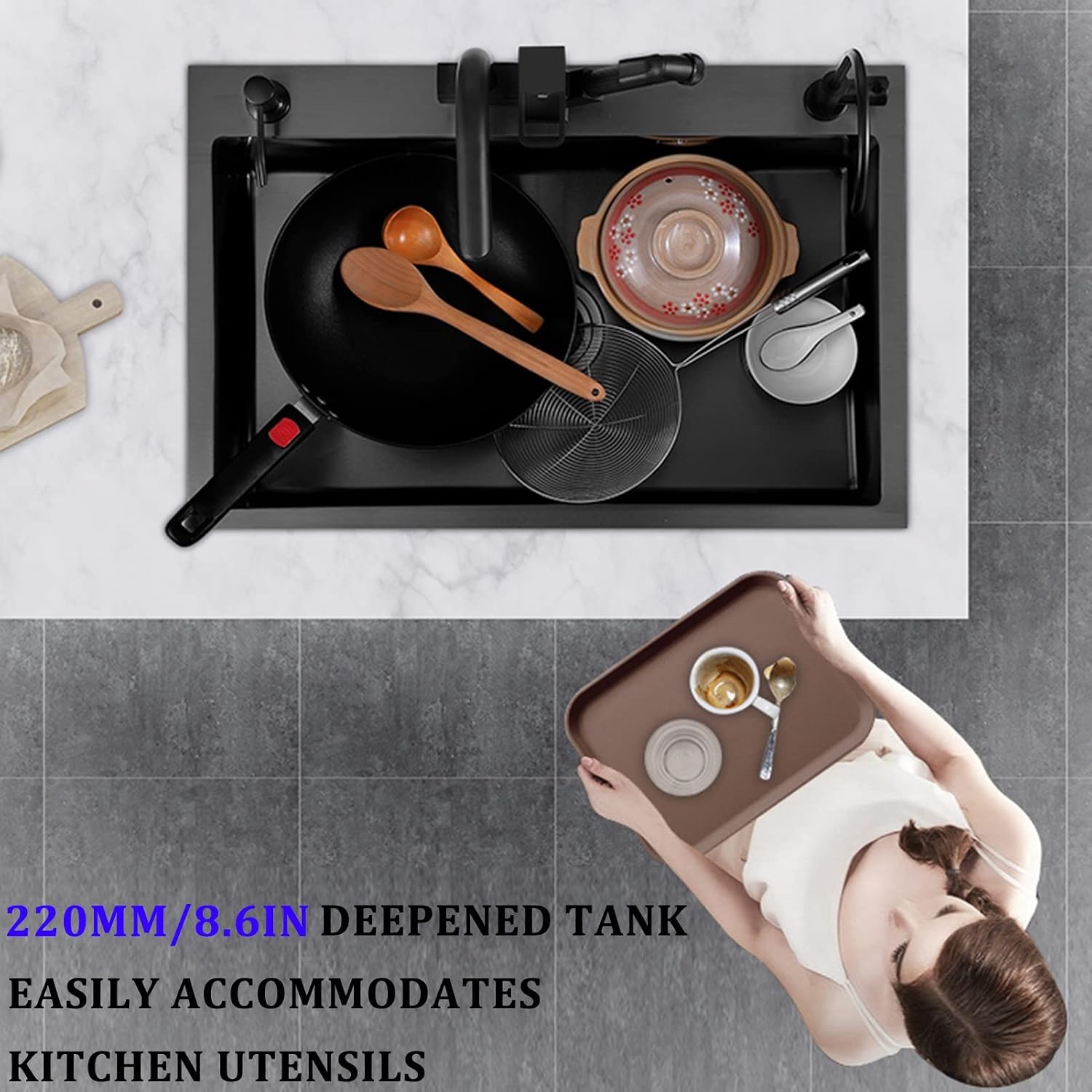 304 Stainless Steel Bar Sink Black Single Bowl Kitchen Sink Household Handmade RV Sink with Faucet and Drainage Kit Top Mount Or Undermount (Color : Black-B, Size : 75x45x22cm) (Blacka 55x45x22cm