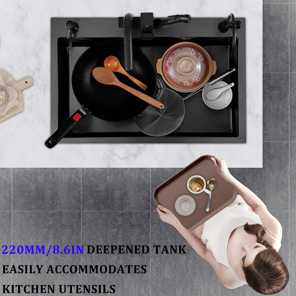 Black Single Bowl Kitchen Sink 304 Stainless Steel Bar Sink Household Handmade RV Sink with Pull-Out Faucet and Drainage Kit Top Mount Or Undermount (Color : Black, Size : 45x40x22cm)