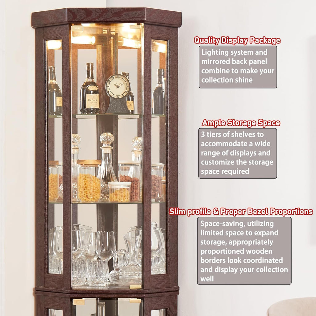 69' H Lighted Corner Curio Cabinet, 5-Tier Curio Glass Display Cabinet with Door & Adjustable Glass Shelves, Wooden Display Showcase Corner Storage Cabinet for Living Room (Dark Cherry)