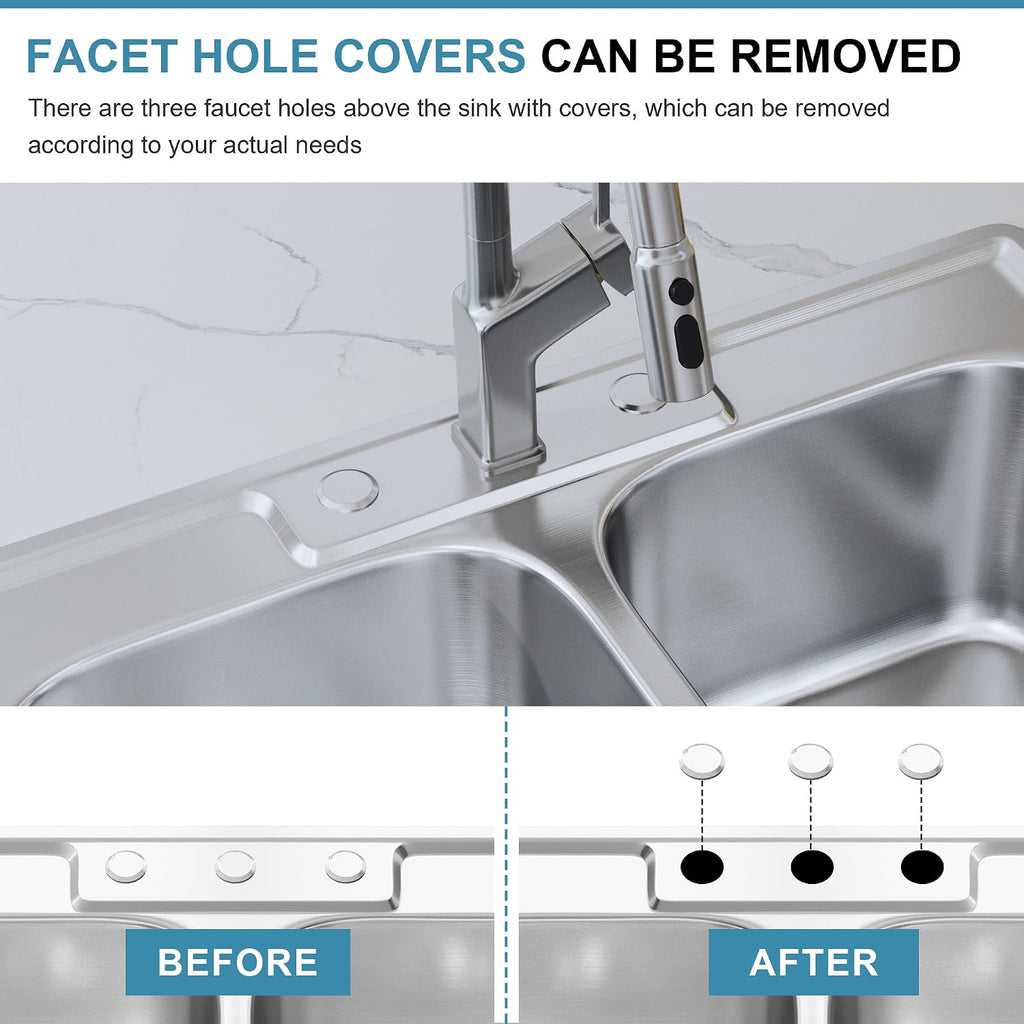 33x22 Drop In Double Bowl Kitchen Sink, 33 Inch Topmount 18 Gauge 304 Stainless Steel 50/50 Commercial Grade Kitchen Sinks, Three Holes with Strainer, 33' x 22' x 9'