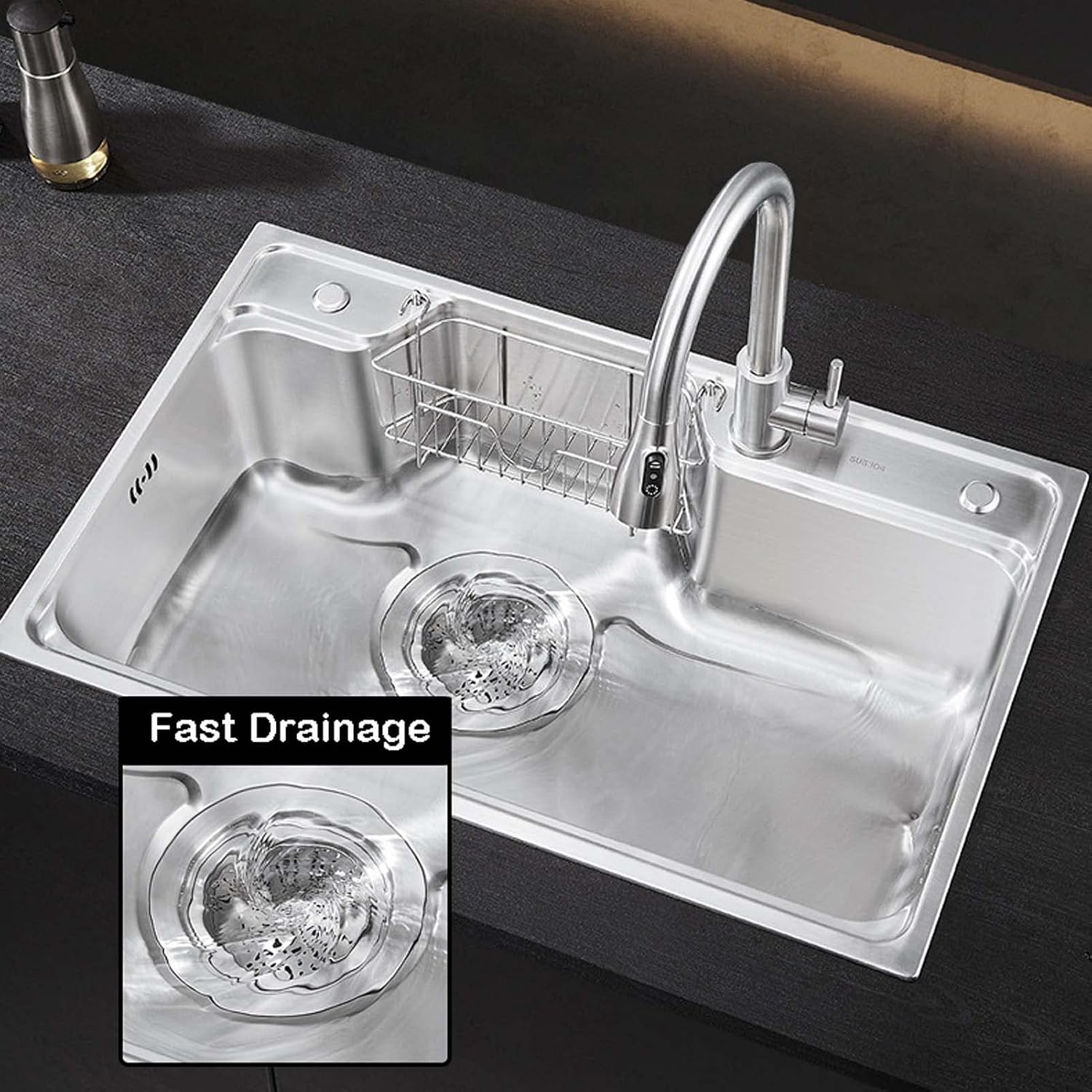 80x48cm Stainless Steel Kitchen Sink, Single Bowl Kitchen Sinks, Top Mount Kitchen Sink Drop-in, 3-Hole Farmhouse Workstation Sink for Laundry, Yard, Office(70x48cm