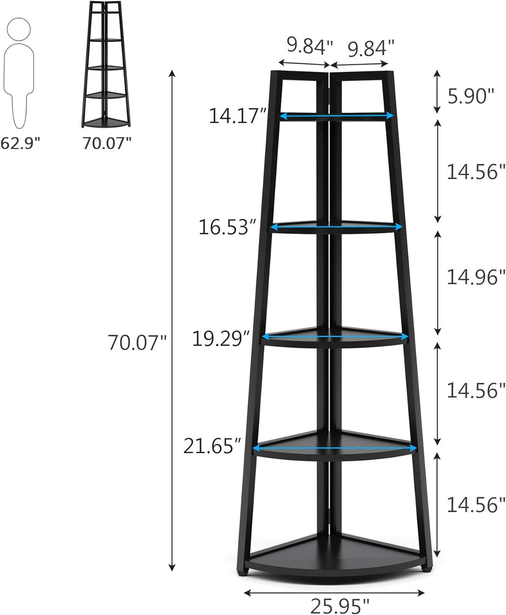 Tribesigns 70 inch Tall Corner Shelf, 5 Tier Modern Corner Bookshelf Bookcase Industrial Corner Ladder Shelf Plant Stand for Living Room, Kitchen, Home Office (Black)