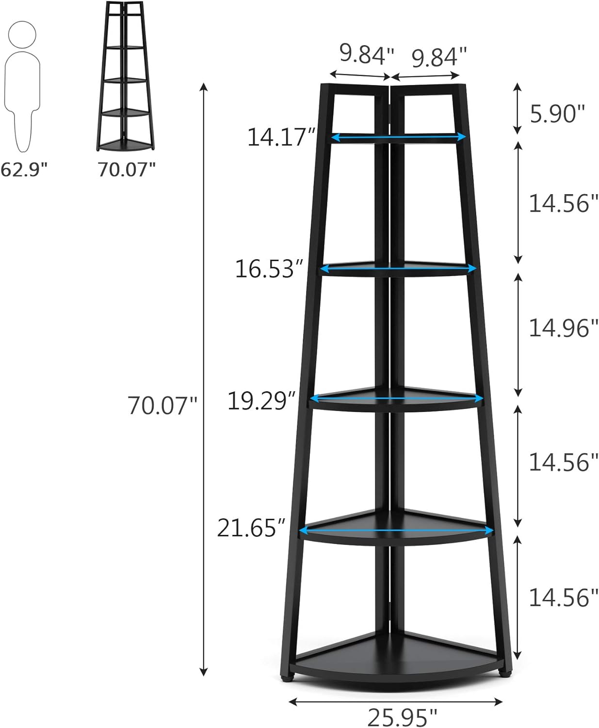 Tribesigns 70 inch Tall Corner Shelf, 5 Tier Modern Corner Bookshelf Bookcase Industrial Corner Ladder Shelf Plant Stand for Living Room, Kitchen, Home Office (Black)