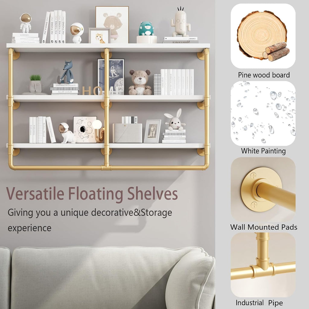 HOMEKAYT 48'' Industrial Pipe Shelving Floating Wall Shelves 3 Tier Gold Shelves Multiple Use for Kitchen, Bedroom,Living Room,Bathroom