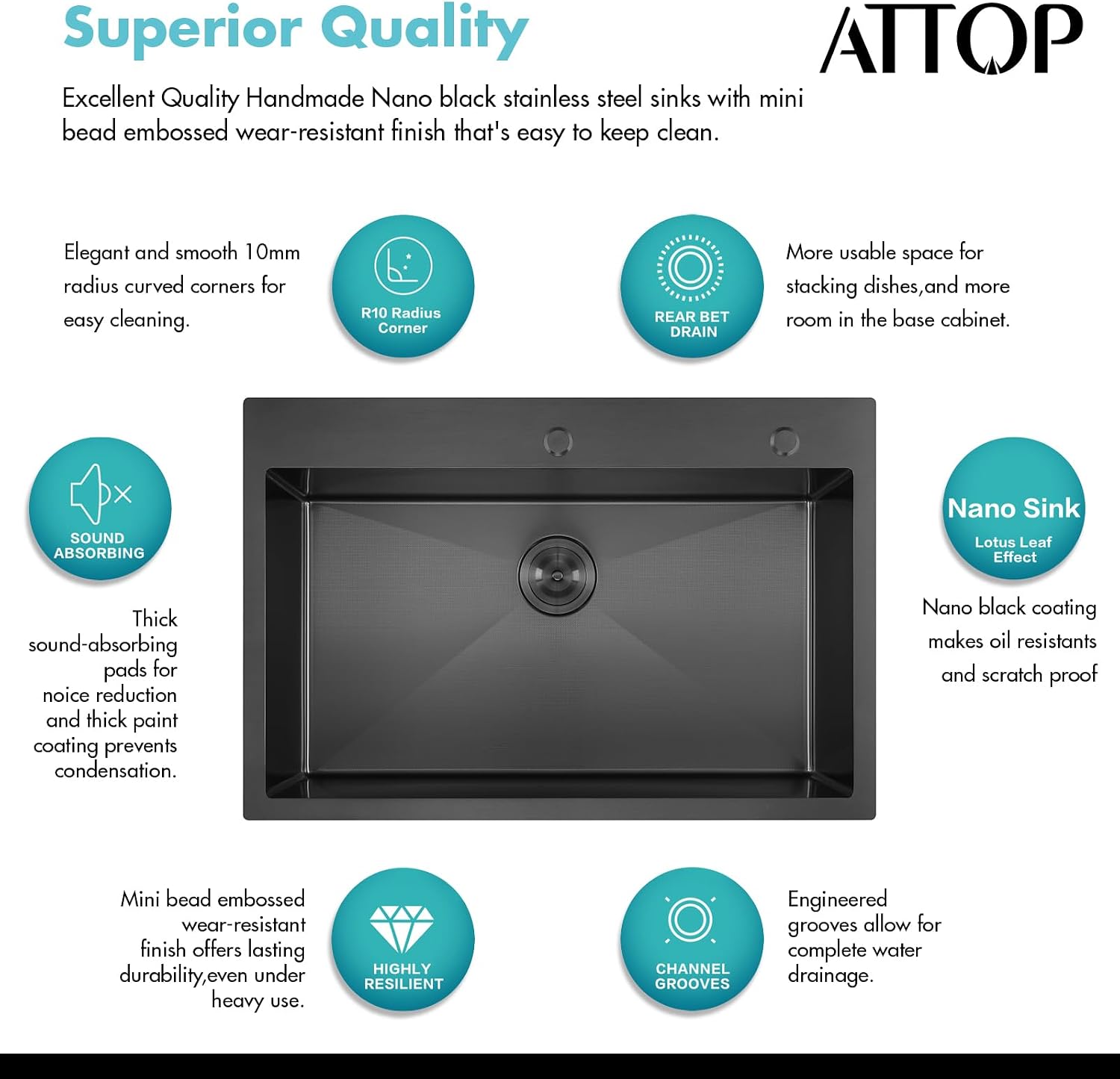 ATTOP 33 Inch Black Large Single Bowl Drop in Kitchen Sink,33x22 Inch Nano Black Stainless Steel Handmade Drop in Single Bowl Kitchen Sink
