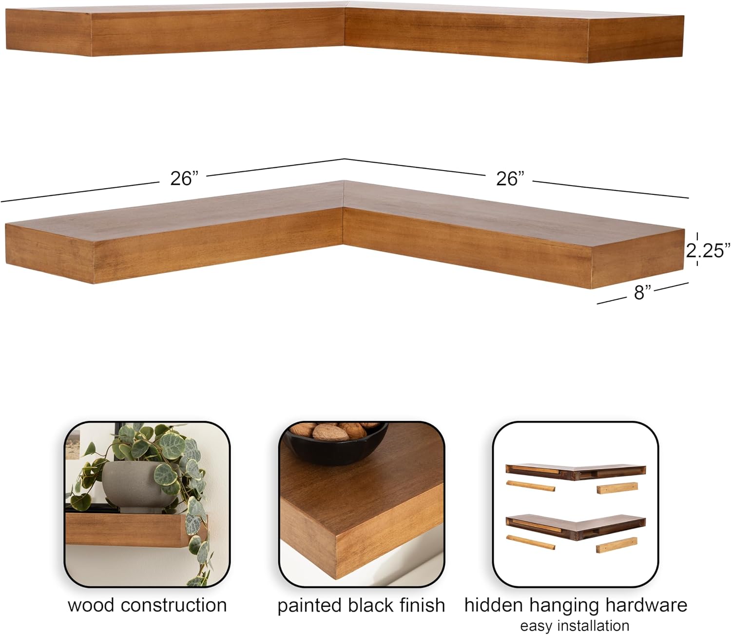 Kate and Laurel Havlock Modern Wood Two-Piece Floating Corner Shelf Set, 26 x 8 x 3, Rustic Brown, Wooden Corner Shelving with Unique Geometric Shape for Living Room Decor or Entryway Storage