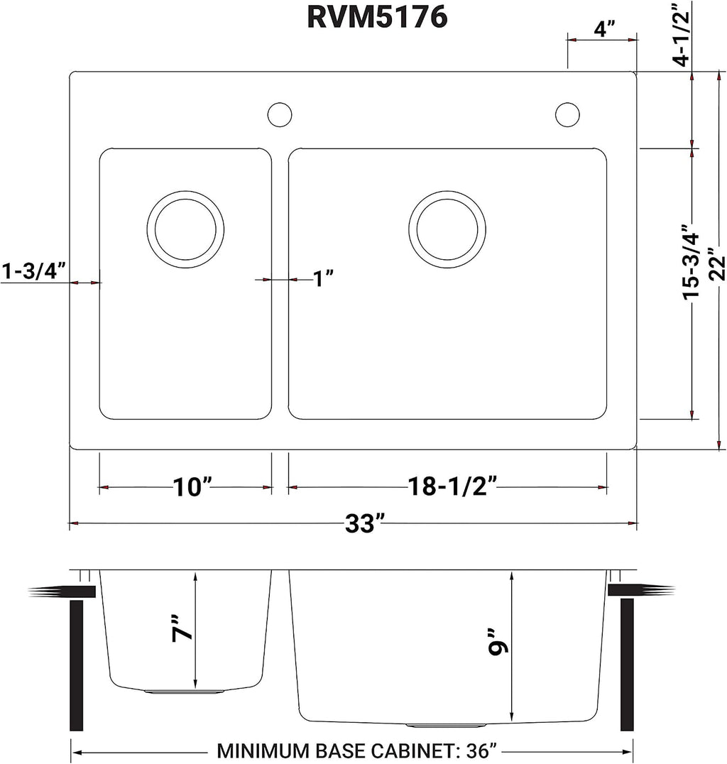 Ruvati 33 x 22 inch Drop-in Topmount Kitchen Sink - 16 Gauge Stainless Steel 30/70 Double Bowl Kitchen Sink with Brushed Finish hides scratches, Easy-to-Clean Drop-in kitchen Sink - RVM5176