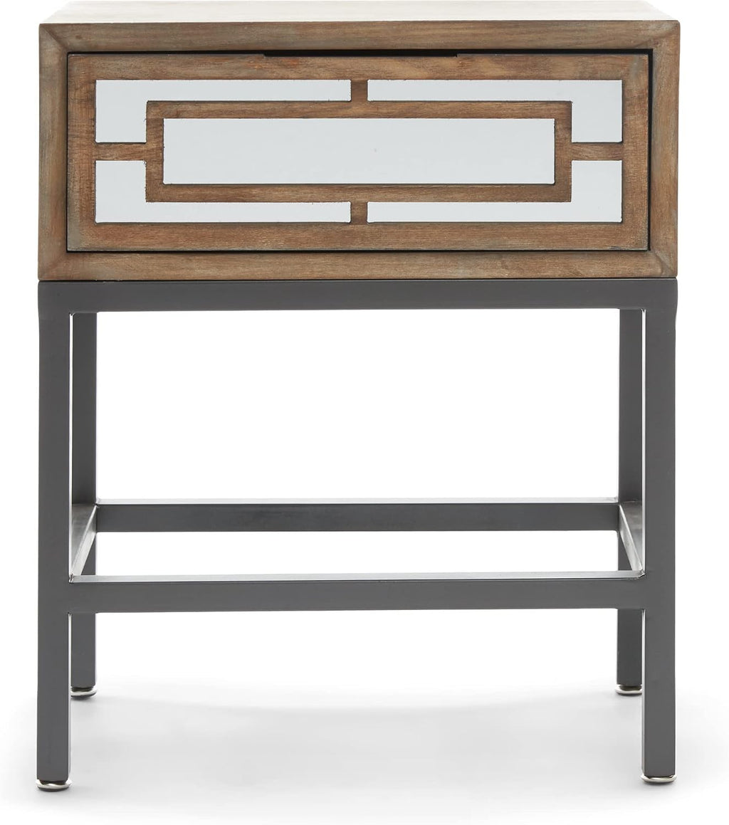 Tommy Hilfiger Hayworth Side Table, Mirrored Storage Drawer with Wood Overlay, Wooden Frame, Metal Base, Ideal in Small Spaces, EndTable, BedsideTable, Nightstand for Living Room or Bedroom, Ash Gray