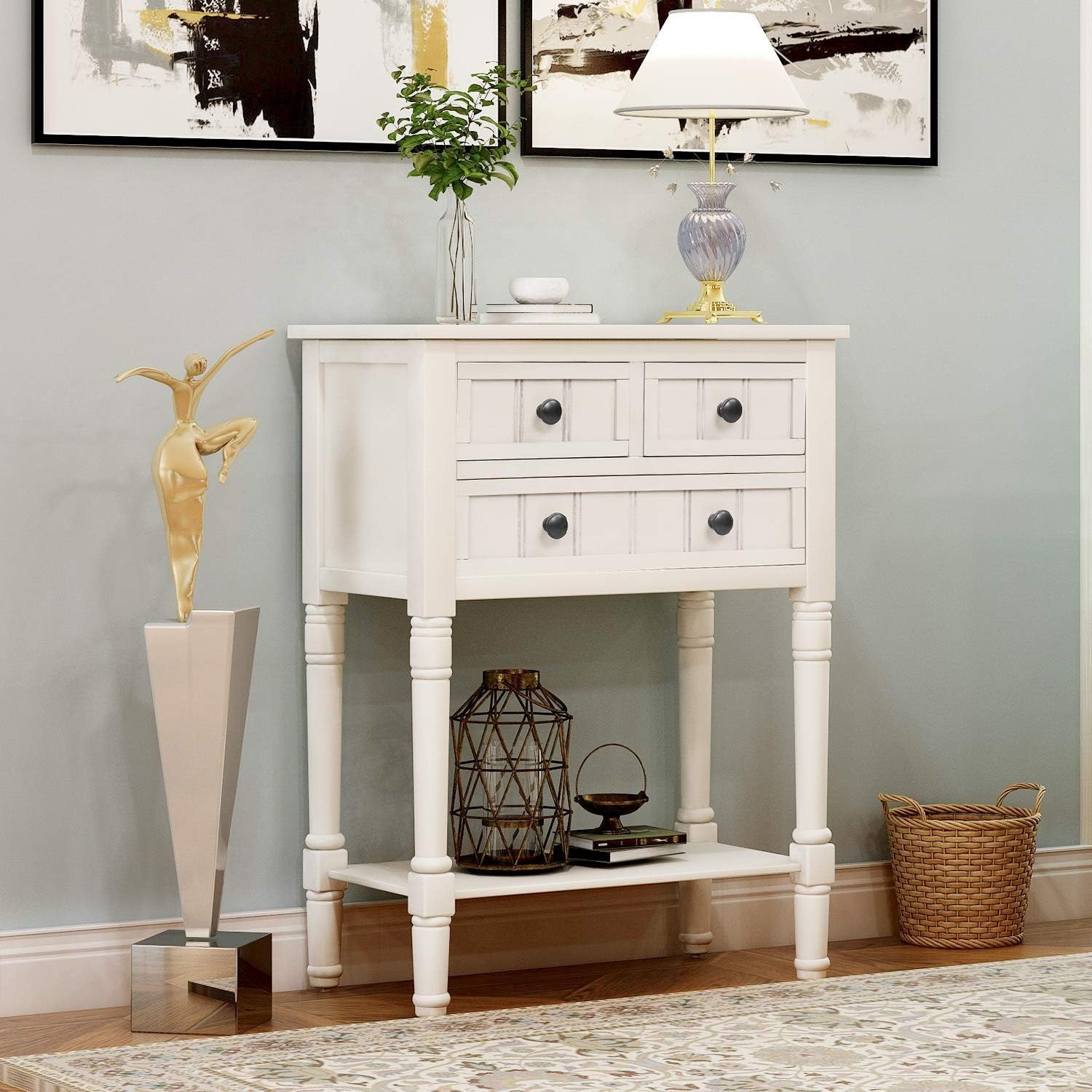 P PURLOVE Narrow Console Table, Farmhouse Entryway Table Slim Sofa Table with Three Storage Drawers and Bottom Shelf, Wood Entry Table for Living Room,Easy Assembly,Ivory White