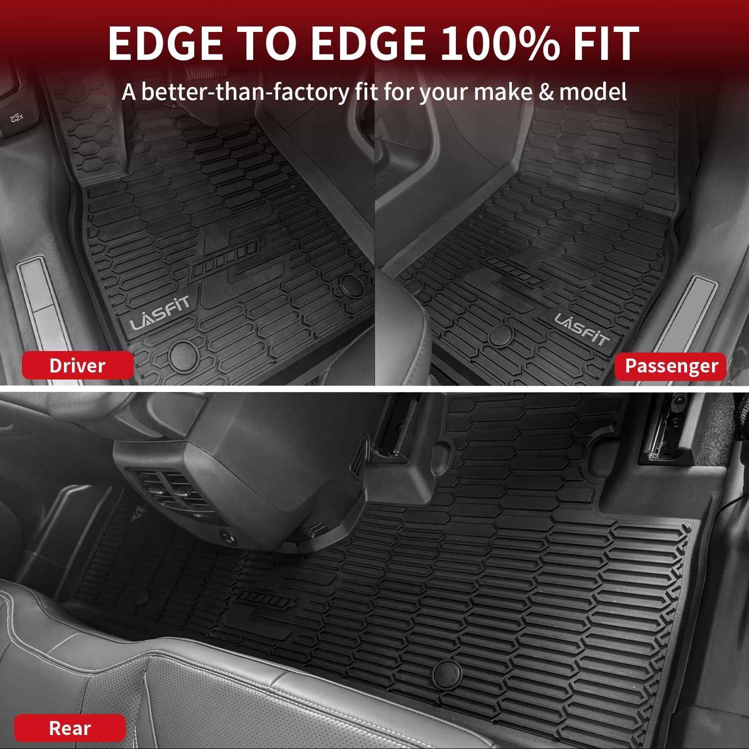 LASFIT Floor Mats and Trunk Mat for Ford Mustang Mach-E 2026 2025 2024 2023 2022 2021 (Cargo Floor in Top Position) All Weather TPE Car Liners, 1st & 2nd Row & Cargo Liner, 4pcs Black