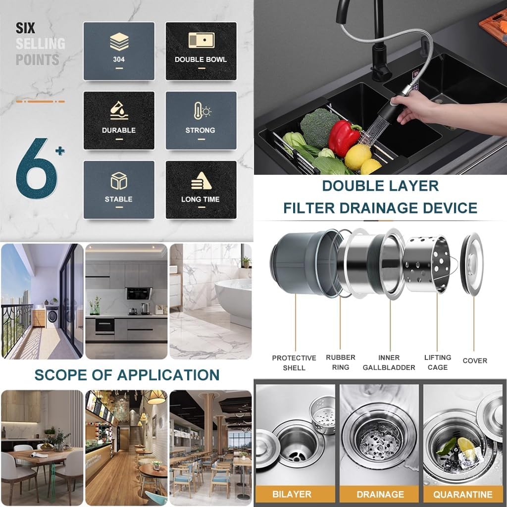 OM Double Bowl Kitchen Sink with Pull-Out Faucet Stainless Steel Kitchen Workstation Sink Multifunctional Bar Sink with Complete Accessory Set (Black-72x40x21cm