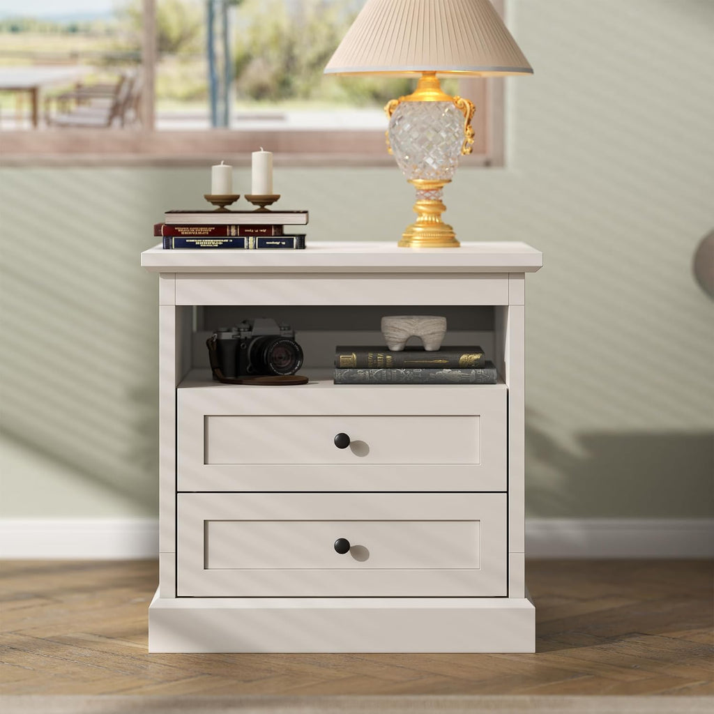 Gyfimoie Nightstand with Hidden Storage Space, Night Stand, End Table with Side Drawer, Bedside Table with Open Shelf, 2 Drawers Dresser for Bedroom, Living Room, Closet (White)
