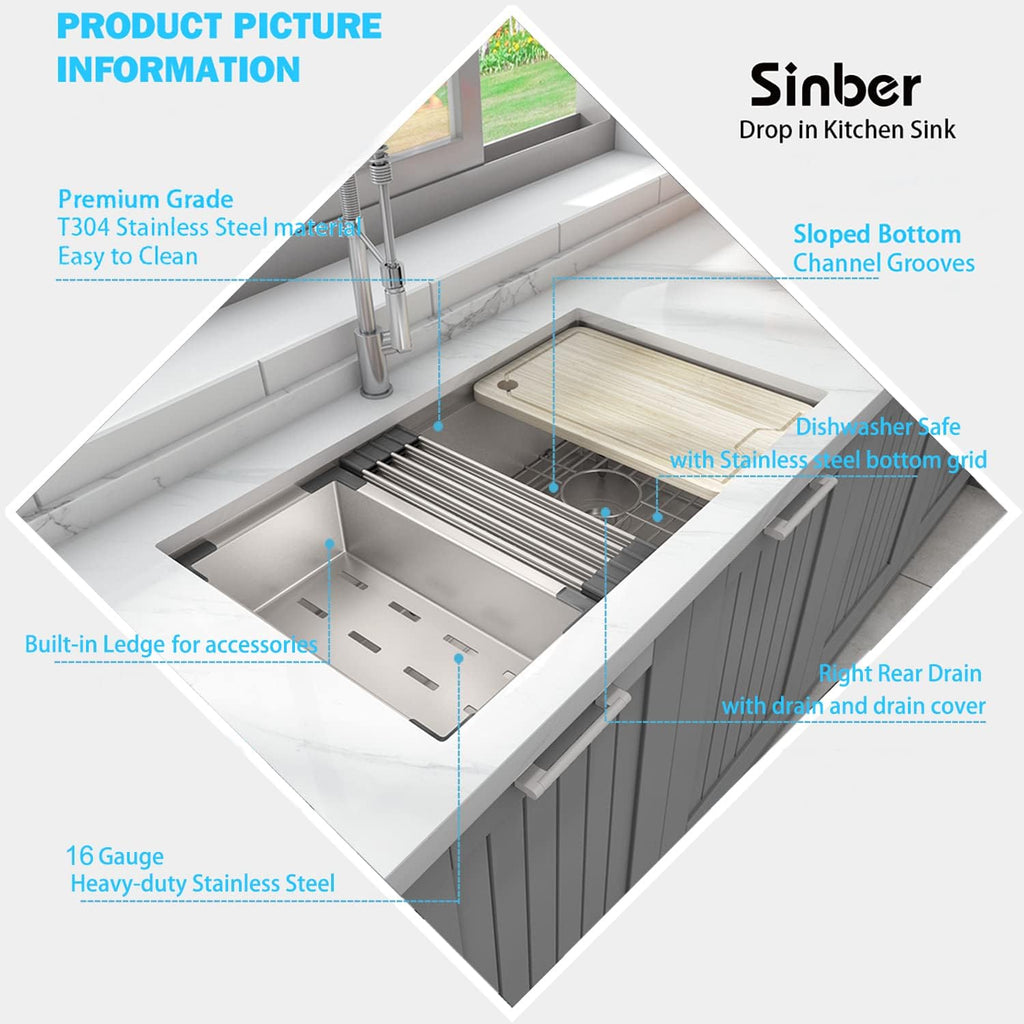 Sinber KSS0001S-OK 32' x 19' x 10' Undermount Single Bowl Workstation Kitchen Sink with 16 Gauge 304 Stainless Steel Satin Finish 6 Accessories