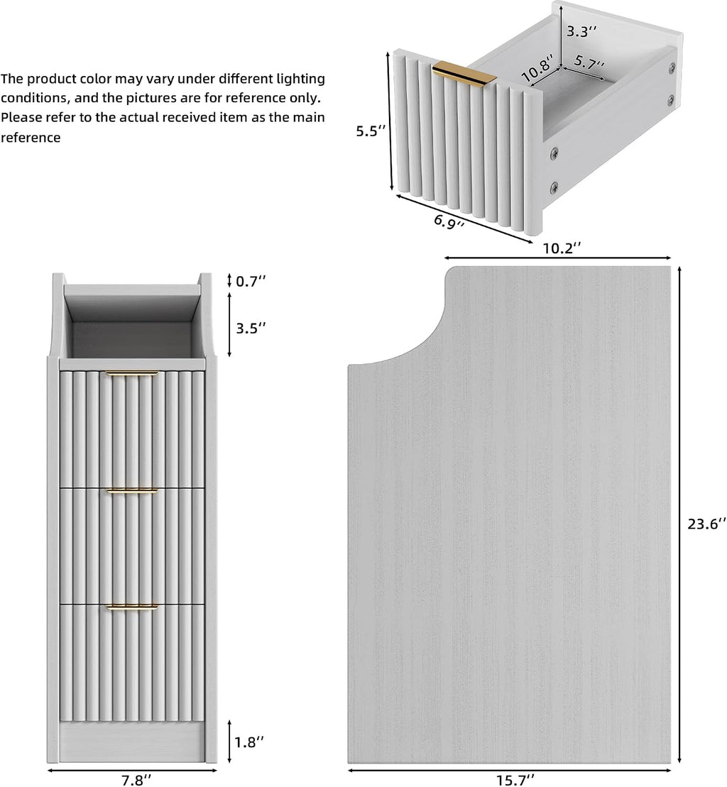 7.9' W Narrow Fluted Nightstand Set of 2,Slim Side End Table with 3 Drawers,Modern Bedside Table,Skinny Night Stand for Bedroom, Livingroom,Small Space (White)