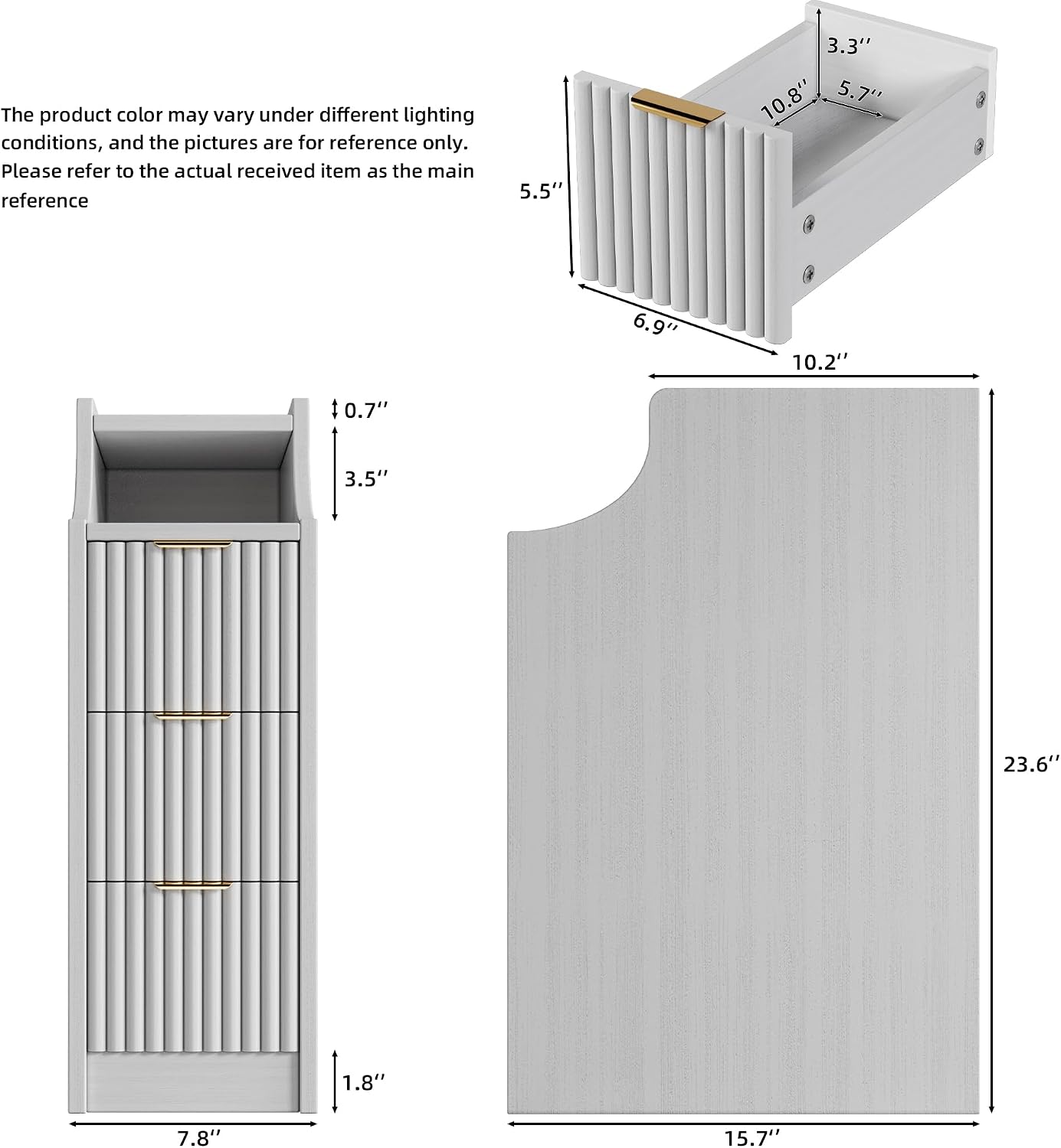 7.9' W Narrow Fluted Nightstand Set of 2,Slim Side End Table with 3 Drawers,Modern Bedside Table,Skinny Night Stand for Bedroom, Livingroom,Small Space (White)
