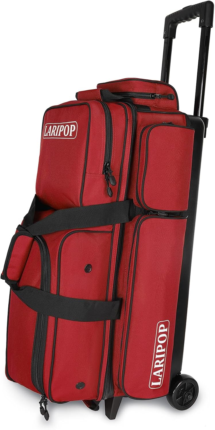 LARIPOP 3 Ball Bowling Bag with Wheels and Shoe Compartment, Rolling Bowling Bag for 3 Balls, Heavy Duty Bowling Roller Bag with Retractable Handle for Men Women