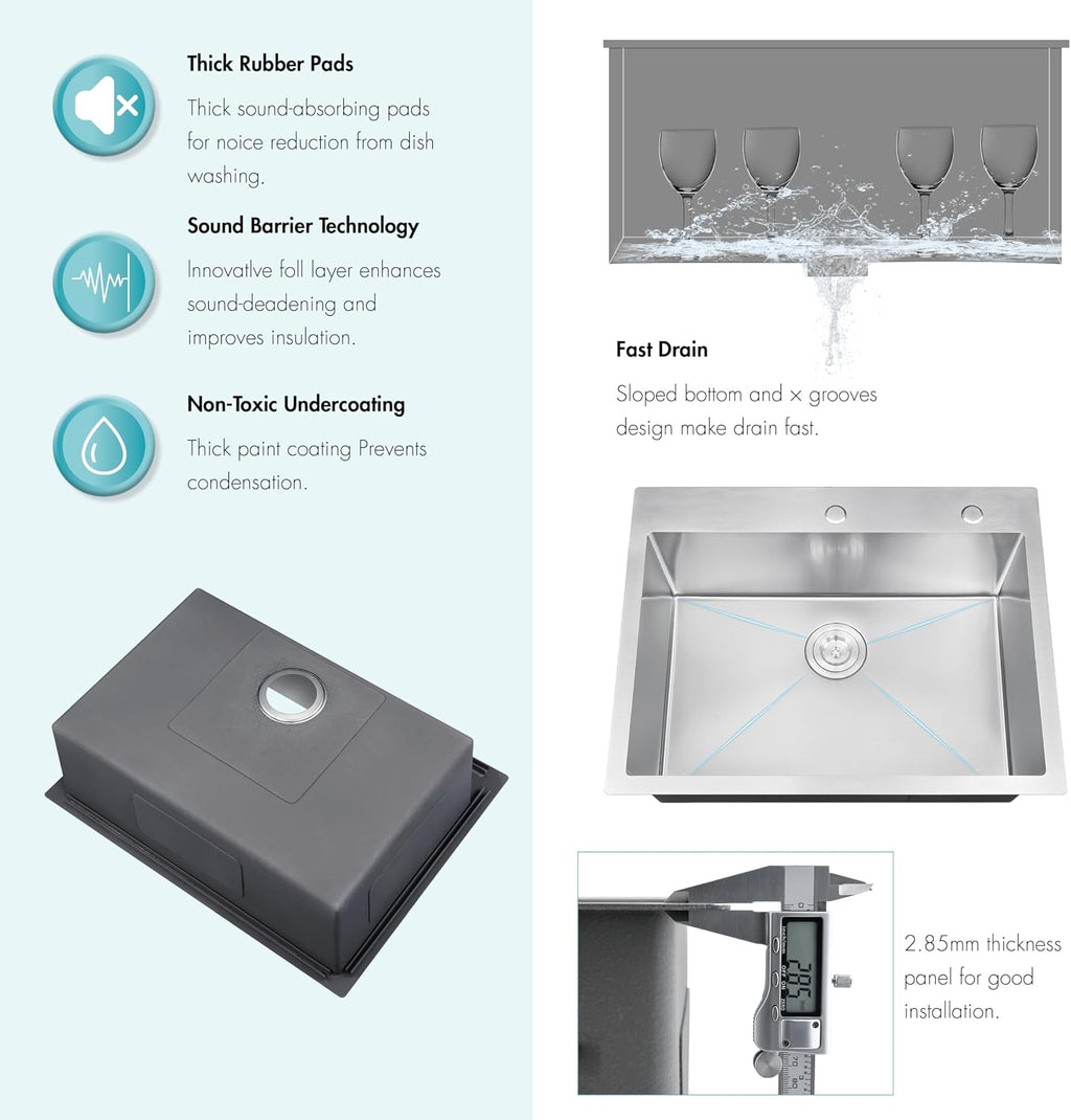 ATTOP Drop in Kitchen Sink Single Bowl,Nano Coating 28 Inch Stainless Steel Handmade Single Bowl Drop-in Sink