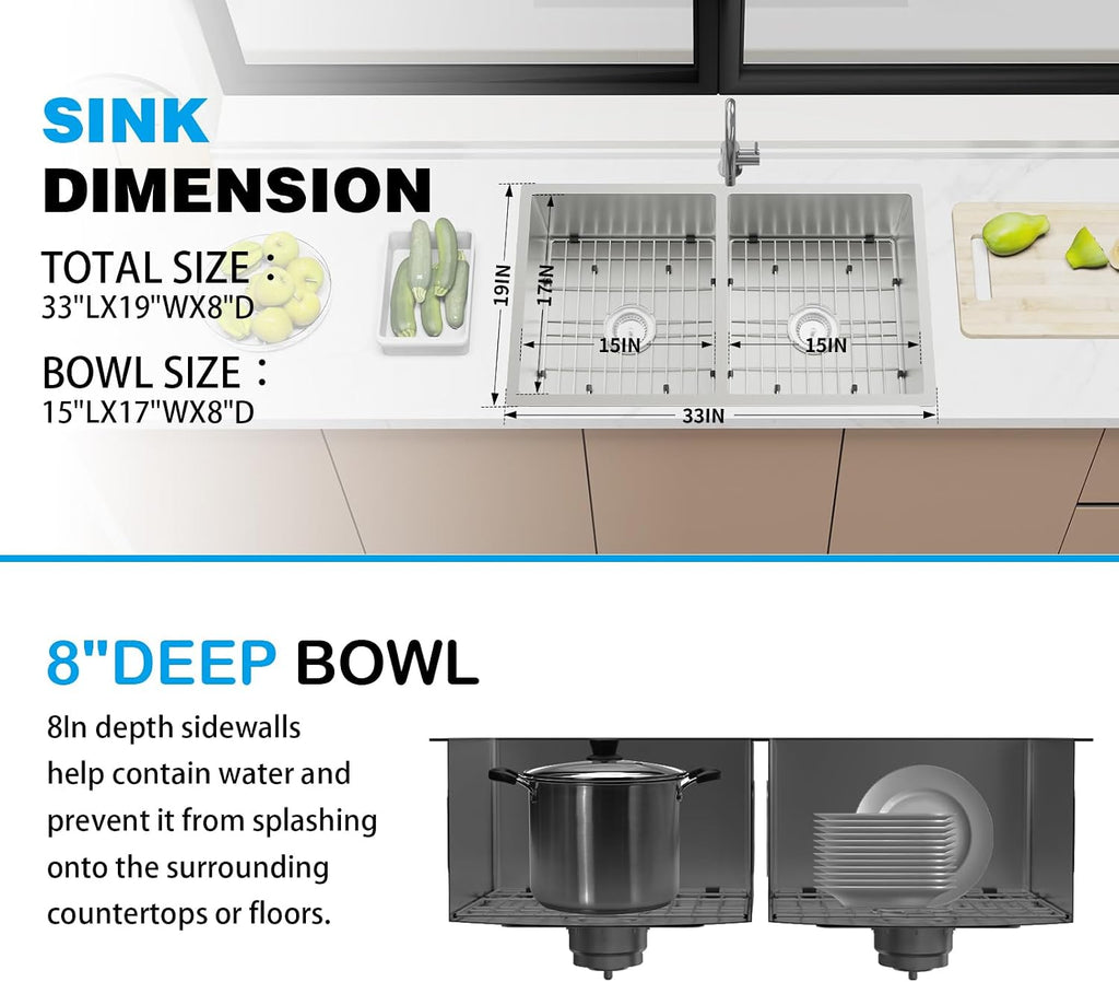 Kitchen Sink, 50/50 Double Bowl 33x19x8 Inch Undermount Stainless Steel Drop In Large Kitchen Sink Combo-Stainless Grid, Silicon Mat, Installation Clips For Modern SS Stylish Kitchen&Bar