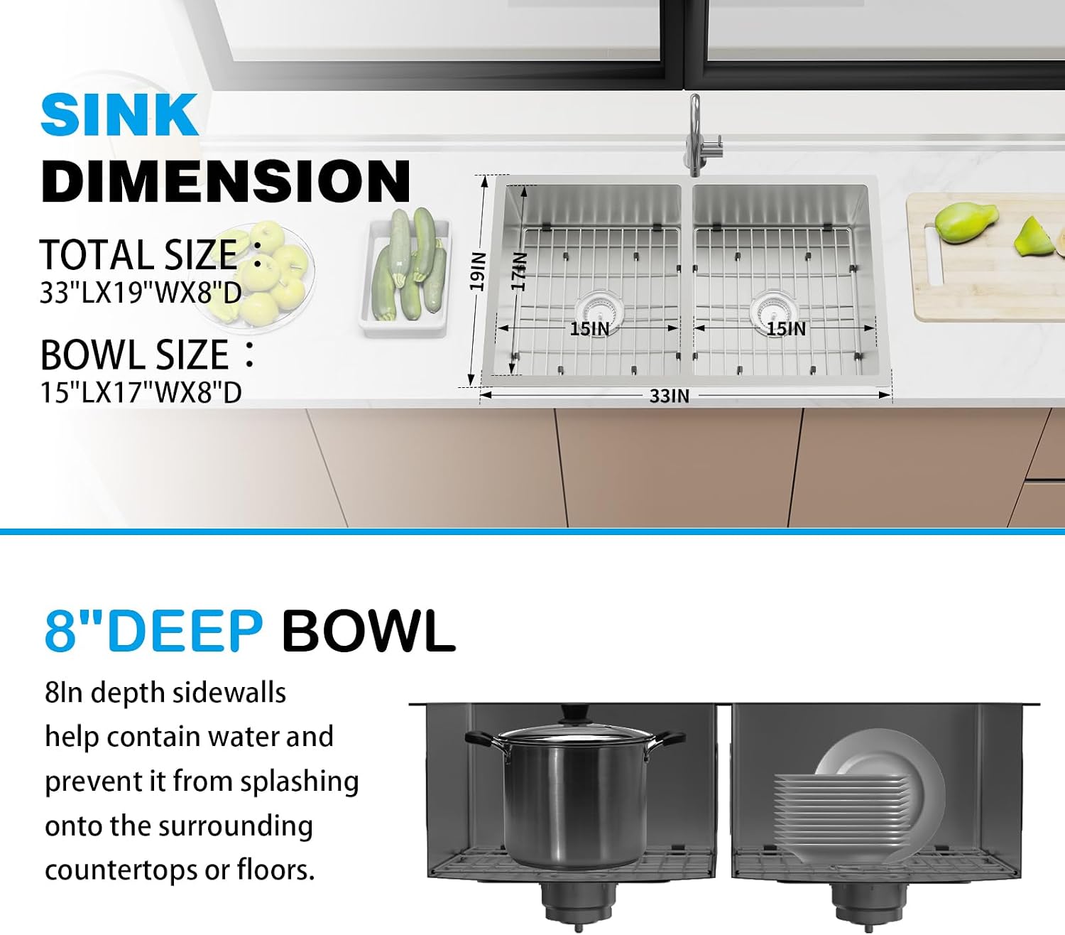 Kitchen Sink, 50/50 Double Bowl 33x19x8 Inch Undermount Stainless Steel Drop In Large Kitchen Sink Combo-Stainless Grid, Silicon Mat, Installation Clips For Modern SS Stylish Kitchen&Bar