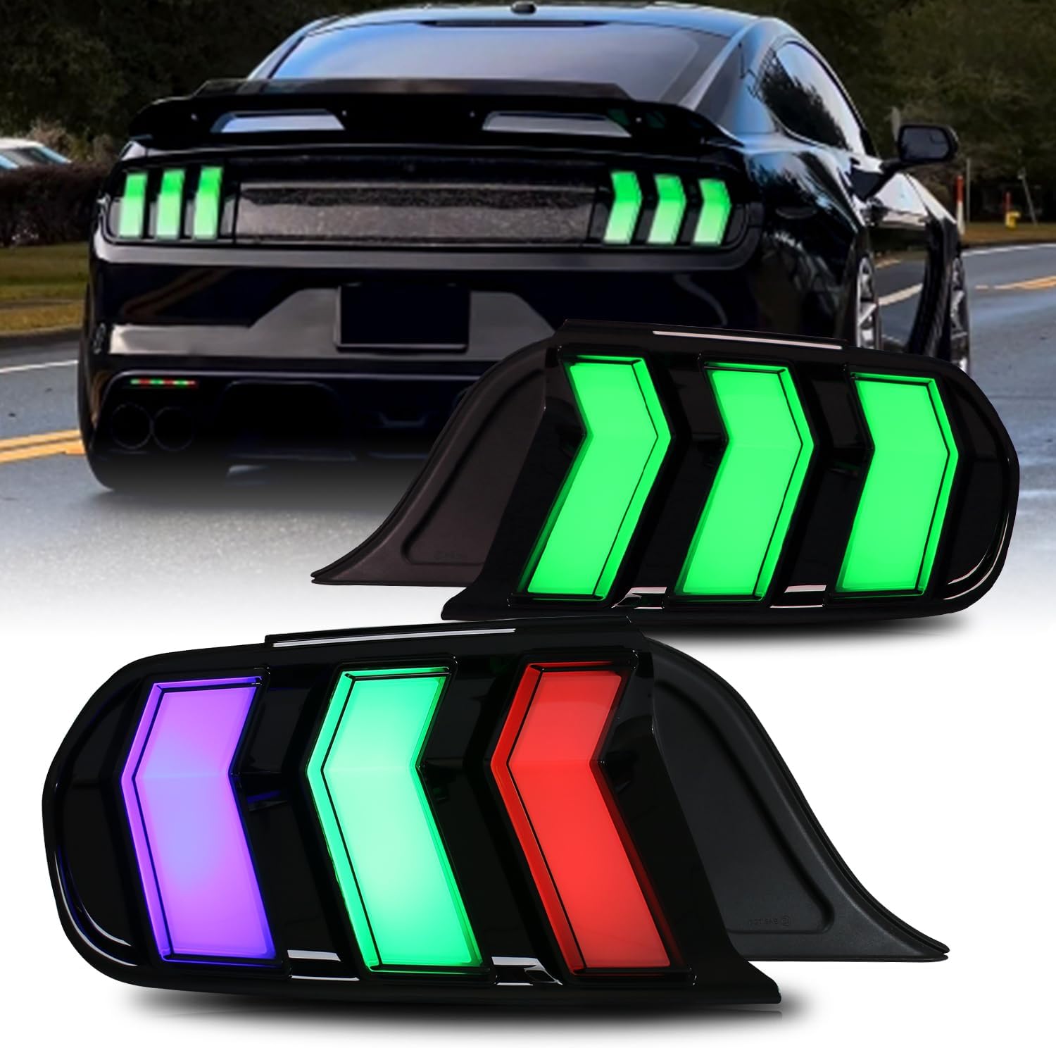 HCmotion LED Tail Lights for Ford Mustang Euro 2015-2023 (6 Lighting Modes), Start UP Animation with Sequential Turn Signal Rear Lamp Kit Assembly (Smoked-RG) | Smoked Euro Style Taillights Assembly w/ 6 Sequential Turn Signal Modes & Startup Animation
