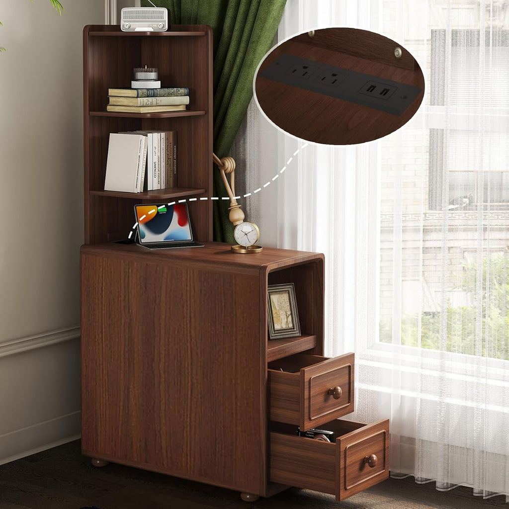 47.2' Tall Nightstand with Charging Station, Wood Tall End Table with Storage Drawers and Open Bookshelves, Narrow Sofa Table Corner Side Table for Small Spaces, Living Room, Bedroom, Walnut