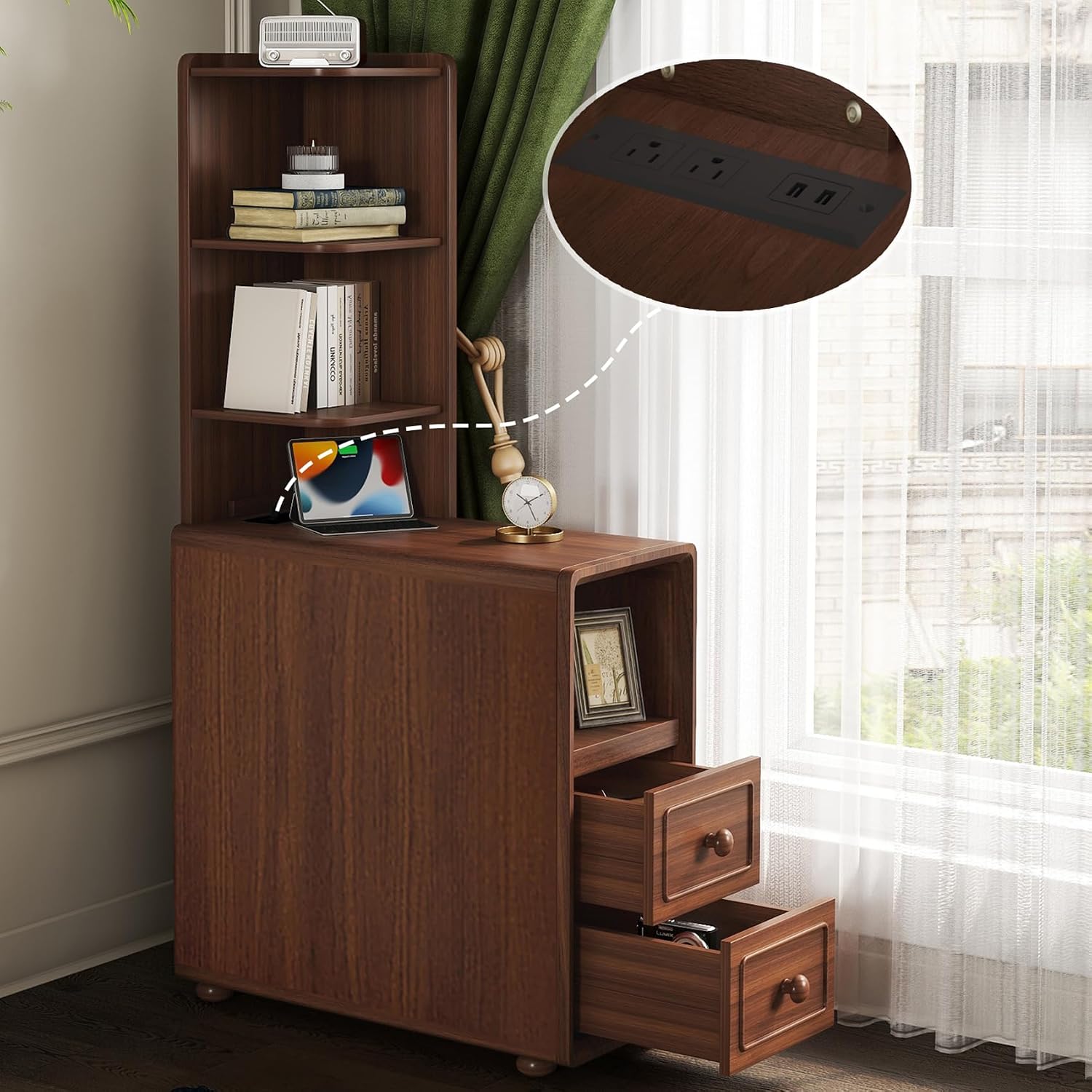 47.2' Tall Nightstand with Charging Station, Wood Tall End Table with Storage Drawers and Open Bookshelves, Narrow Sofa Table Corner Side Table for Small Spaces, Living Room, Bedroom, Walnut