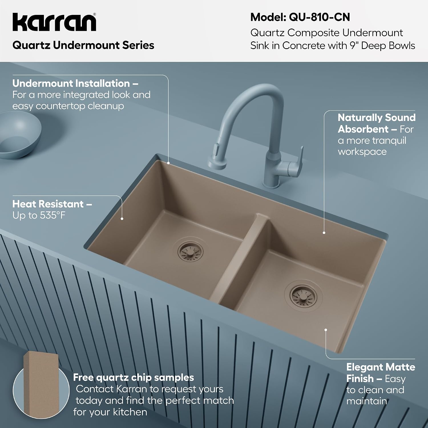 Karran 32' Quartz Composite Undermount Double Bowl Kitchen Sink with Low Divider – 50/50 Equal Bowl, 80% Natural Quartz, 535°F Heat Resistant, Sound Dampening, Concrete Color, QU-810