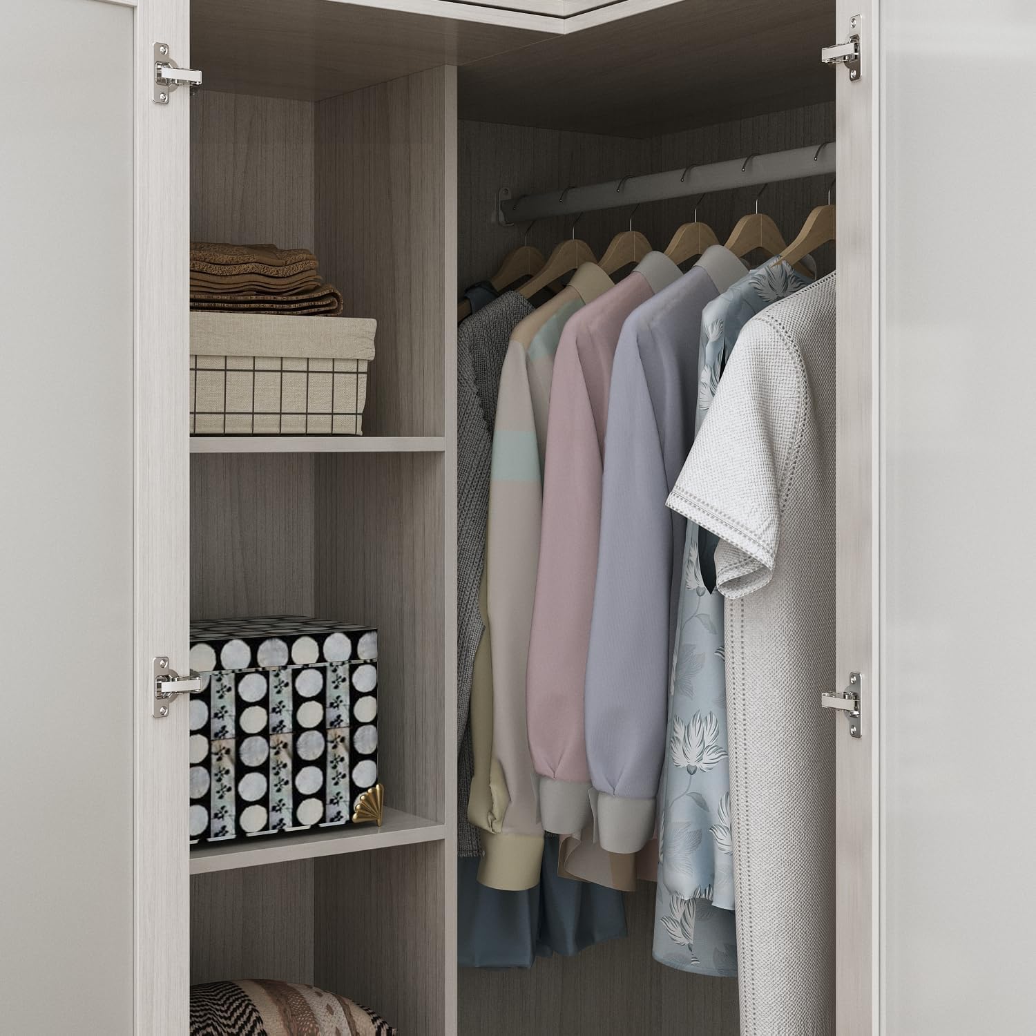MOUMON Tall Corner Wardrobe, L-Shaped Modern Bedroom Armoires with Frosted Glass Doors and Hanging Rod, Corner Armoire Closet for Clothes Storage, Wood Grain 35.4' W x 35.4' D x 86.6' H