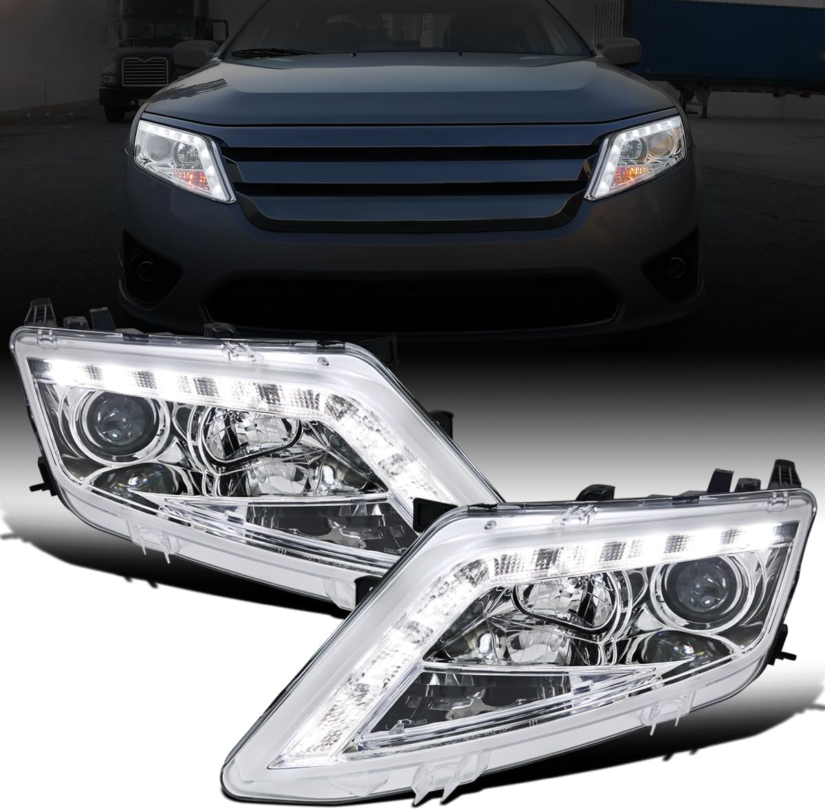Ronnin - Fits 2010-2012 Ford Fusion Upgraded Replacement LED Running Light Projector Headlights Assembly Pair | Chrome