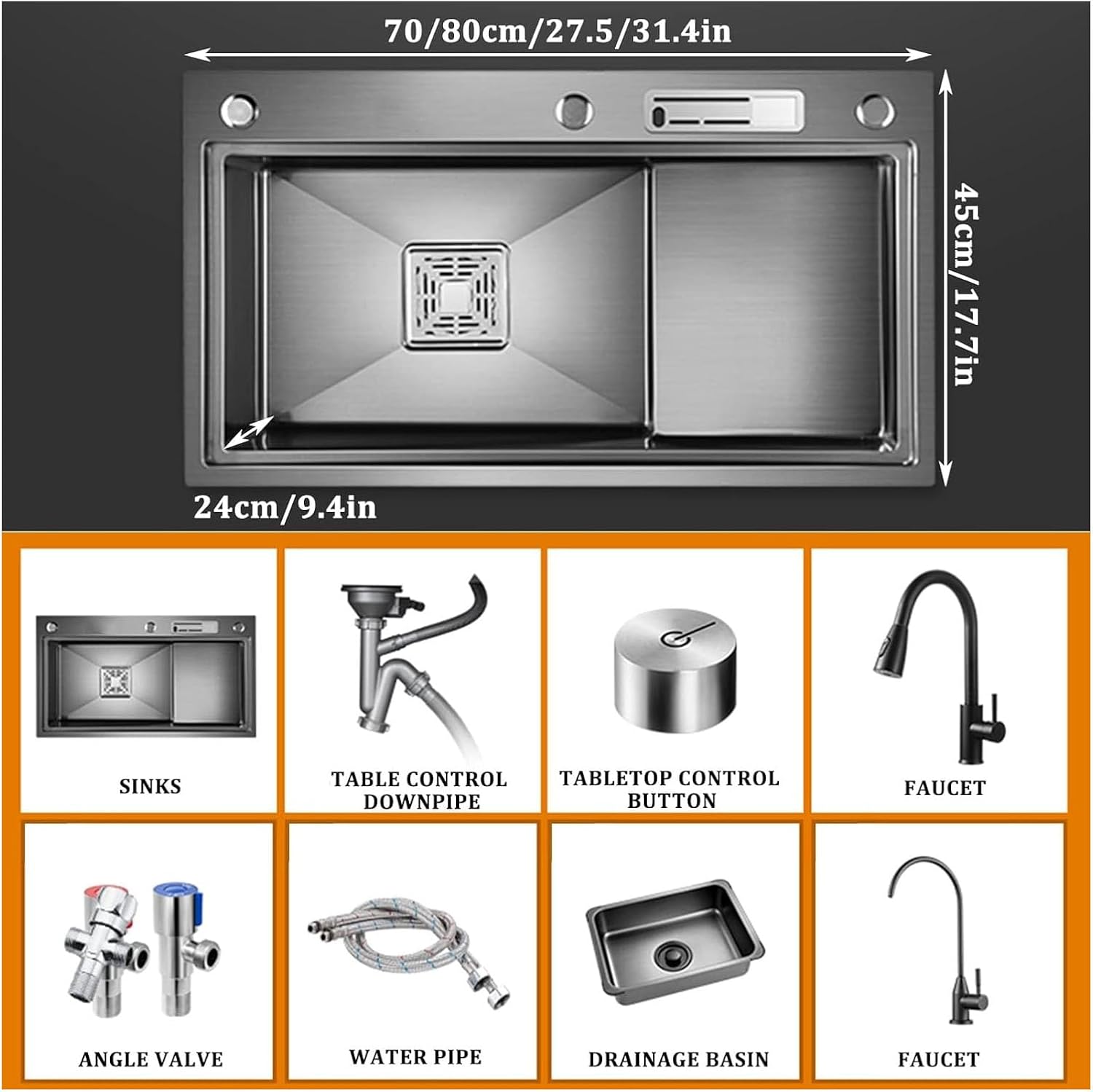 Nano Multi-Functional Step Sink 304 Stainless Steel Single Bowl Kitchen Sink Bar Sink with Pull-Out Faucet Top Mount Or Undermount (Color : Black, Size : 80x45x24cm) (Black 70x45x24cm)