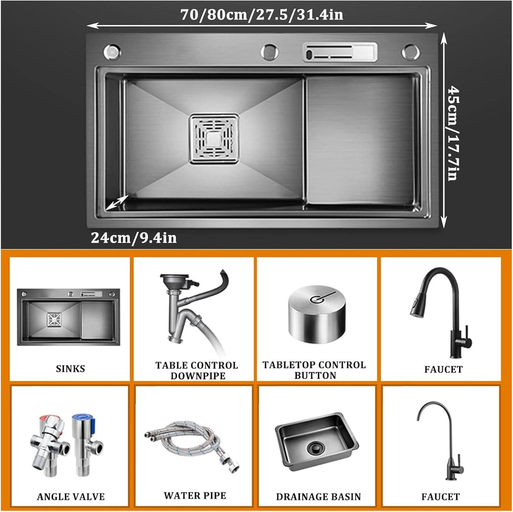 304 Stainless Steel Single Bowl Kitchen Sink Multi-Functional Ladder Type Bar Sink RV Sink with Pull-Out Faucet Top Mount Or Undermount (Color : Black, Size : 80x45x24cm) (Black 80x45x24cm)