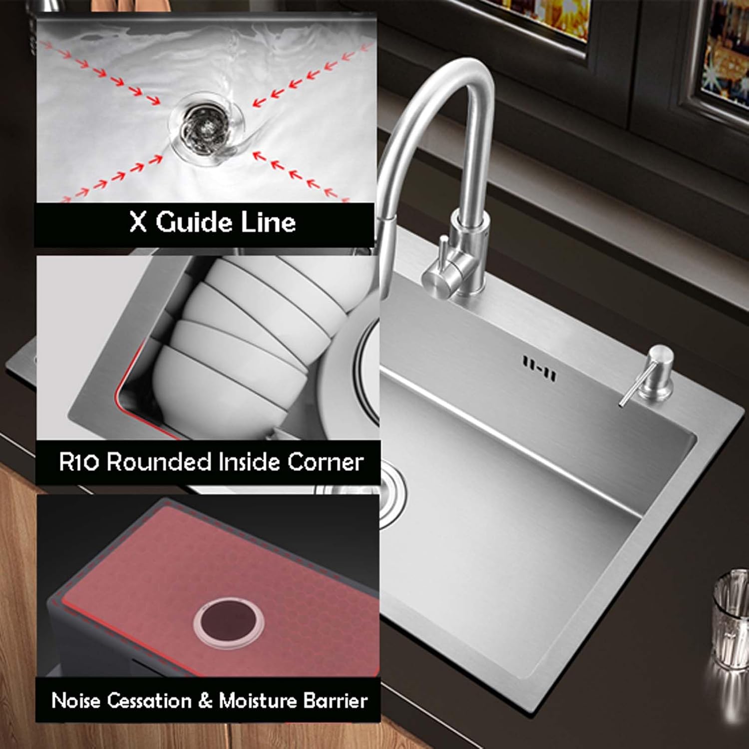 Workstation Kitchen Sink 72x45cm, Undermount 16 Gauge Stainless Steel Kitchen Sink, Drop in Single Bowl Kitchen Sink with Faucet, Soap Dispenser, Drain Bask(72x45cm