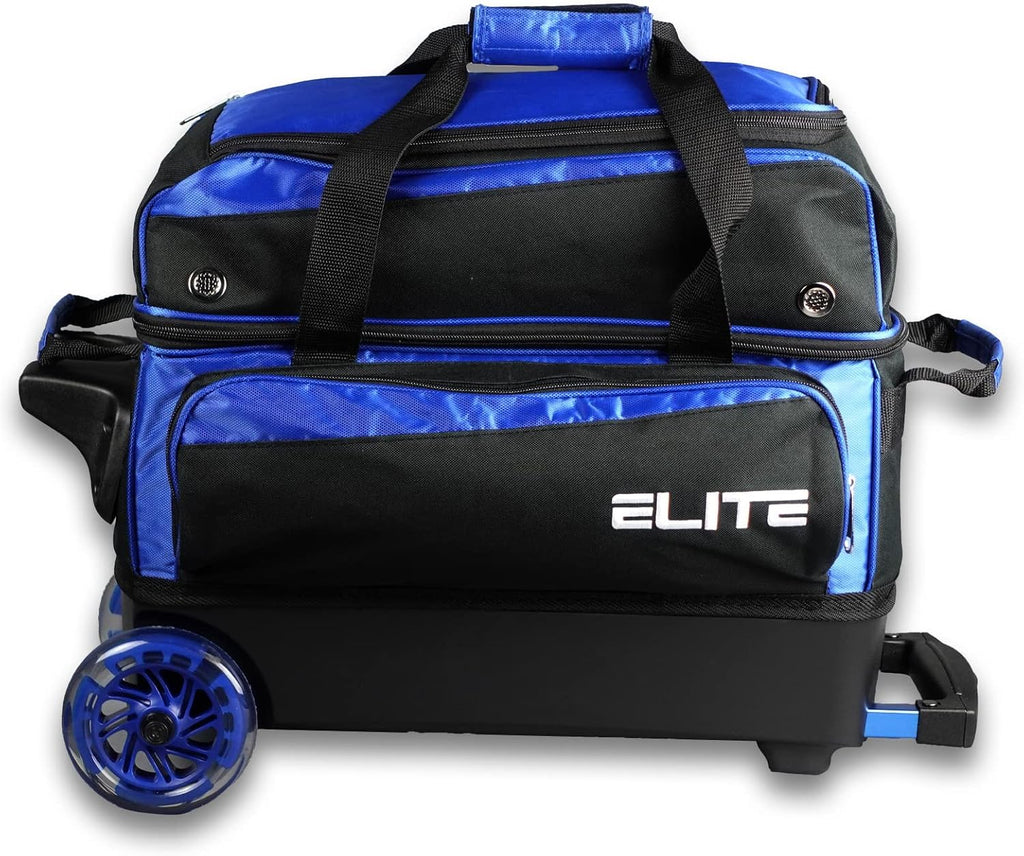 ELITE Deluxe 2 Ball Bowling Bag with 5' Smooth Wheels - Large Accessory Pocket, Shoe Compartment, 36' Extendable Handle