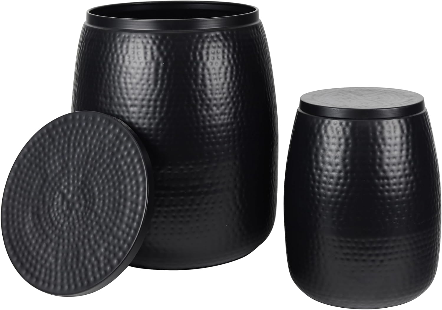 happimess SSL2002A-2SET Merida Modern Rustic 2-Piece Hammered Metal Drum Storage Side Tables with Lids, End Table for Decoration in Living Room, Bedroom, Bathroom, Matte Black
