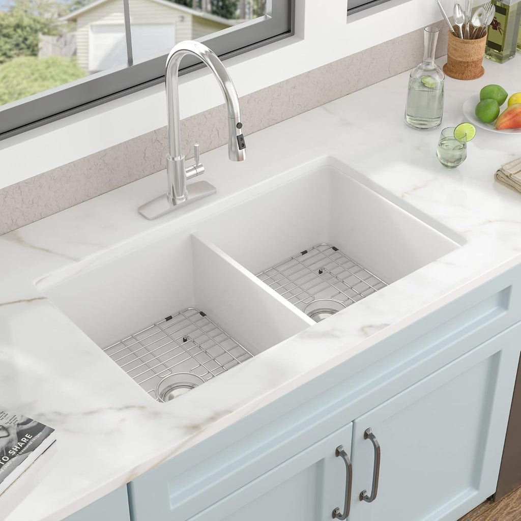 32'x19' White Undermount Kitchen Sink Double Bowl - White Ceramic Porcelain Fireclay Dual Mount Double Bowl 50/50 Drop In Top Mount & Under Counter Sink Basin