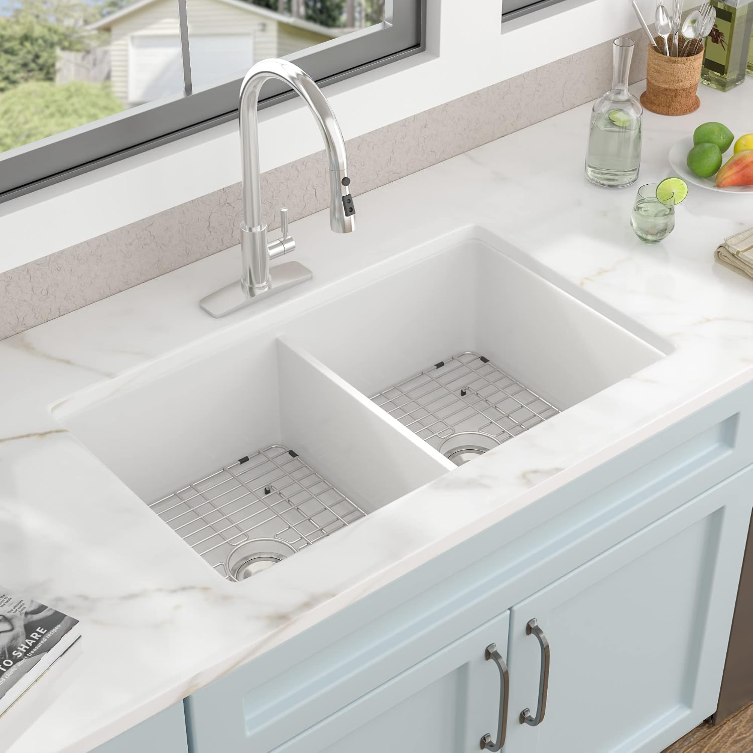 32'x19' White Undermount Kitchen Sink Double Bowl - White Ceramic Porcelain Fireclay Dual Mount Double Bowl 50/50 Drop In Top Mount & Under Counter Sink Basin