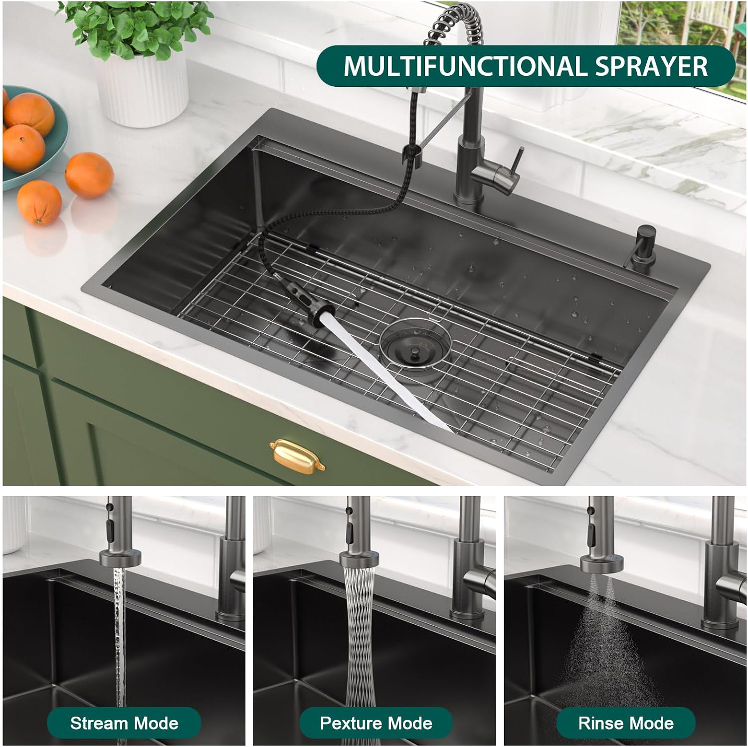 Drop In Kitchen Sink - 33x22 Drop In Gunmetal Black Kitchen Sink with Faucet Combo Workstation NANO-PVD 16 Gauge Stainless Steel Topmount Single Bowl Sinks Round Corners #TL-FDOE00097