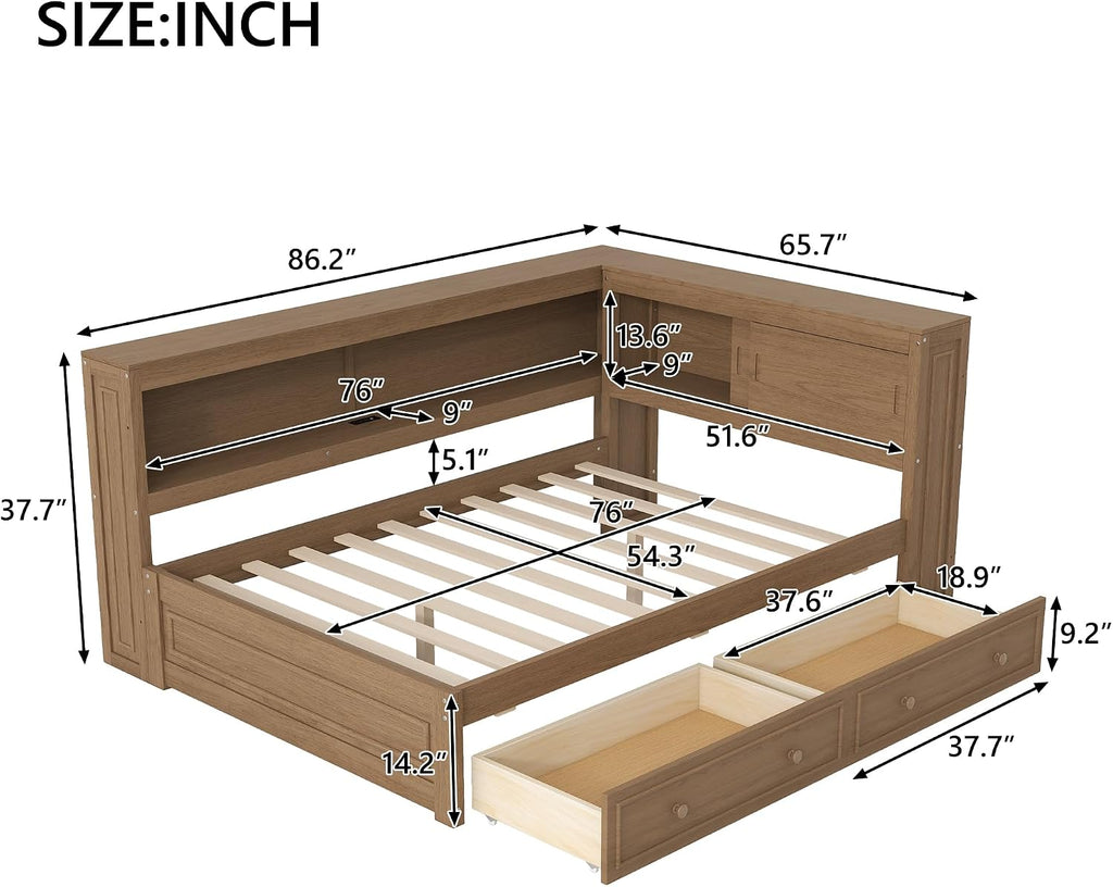 Merax Full Size Daybed Frame with 2 Drawers for Kids, Daybed Full Size with Storage Shelves and Headboard, Wood Corner Bed with USB Ports and LED for Living Room, Antique Wood