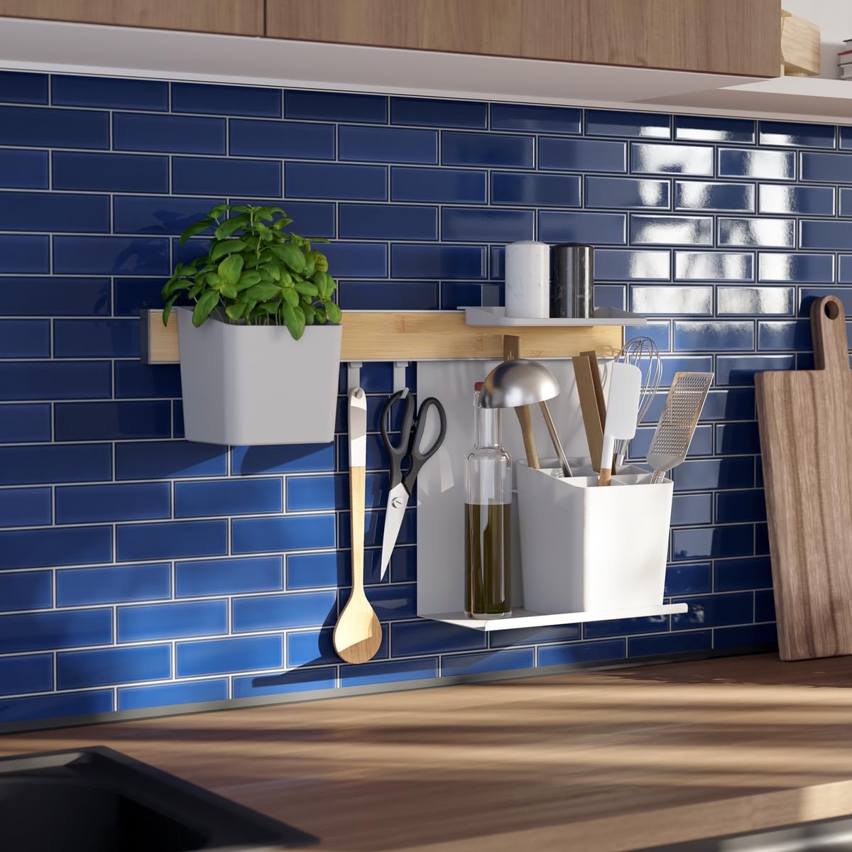 tesa Kitchen Organiser Combo Set M - Self-Adhesive Wall Mounted Kitchen Rail System with Herb Pot, 2 Shelves, Utensil Holder, 3 Hooks - Bamboo/White