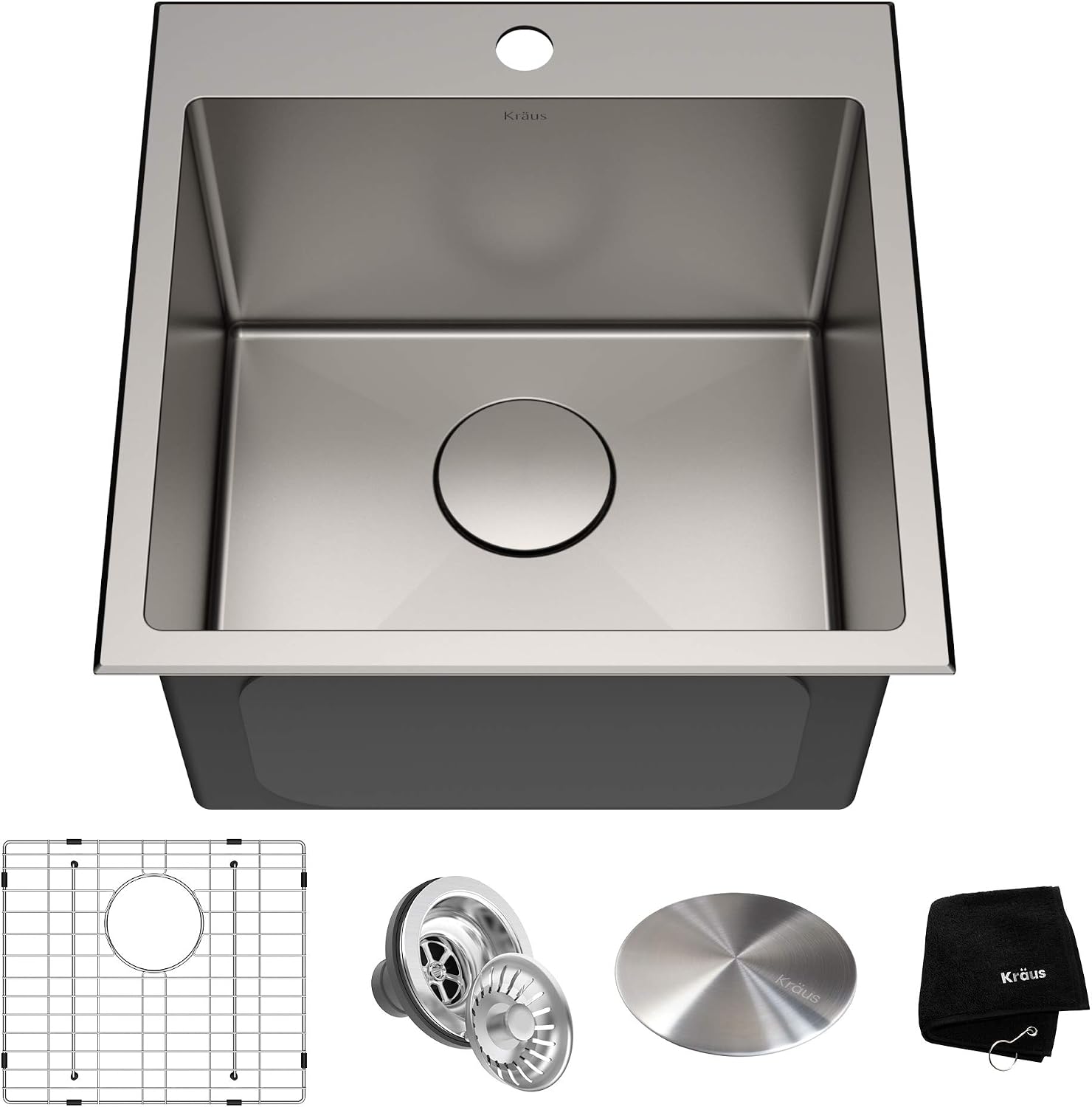 KRAUS 18 x 18 inch Standart PRO™ Drop-In Top Mount 16 Gauge Single Bowl 1-Hole Stainless Steel Kitchen Sink Set (5 Item Bundle: Sink, Bottom Grid, Drain Assembly, Drain Cap, Kitchen Towel), KHT301-18