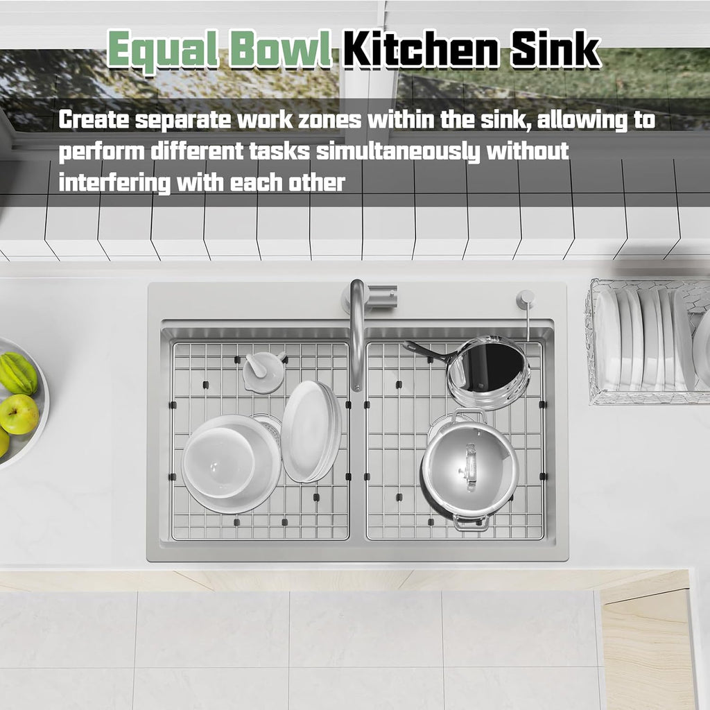 50/50 Double Bowl Kitchen Workstation Sink, 33'x22' Stainless Steel Drop In Kitchen Sink Easy To Multitasking With Cutting Board,Drying Rack,Silicon Mat,Stainless Grid And Drain Assembly