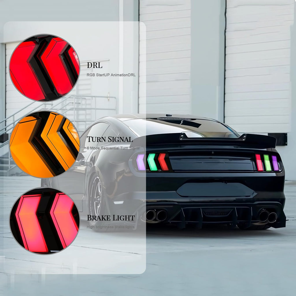 HCmotion LED Tail Lights for Ford Mustang Euro 2015-2023 (6 Lighting Modes), Start UP Animation with Sequential Turn Signal Rear Lamp Kit Assembly (Smoked-RG) | Smoked Euro Style Taillights Assembly w/ 6 Sequential Turn Signal Modes & Startup Animation