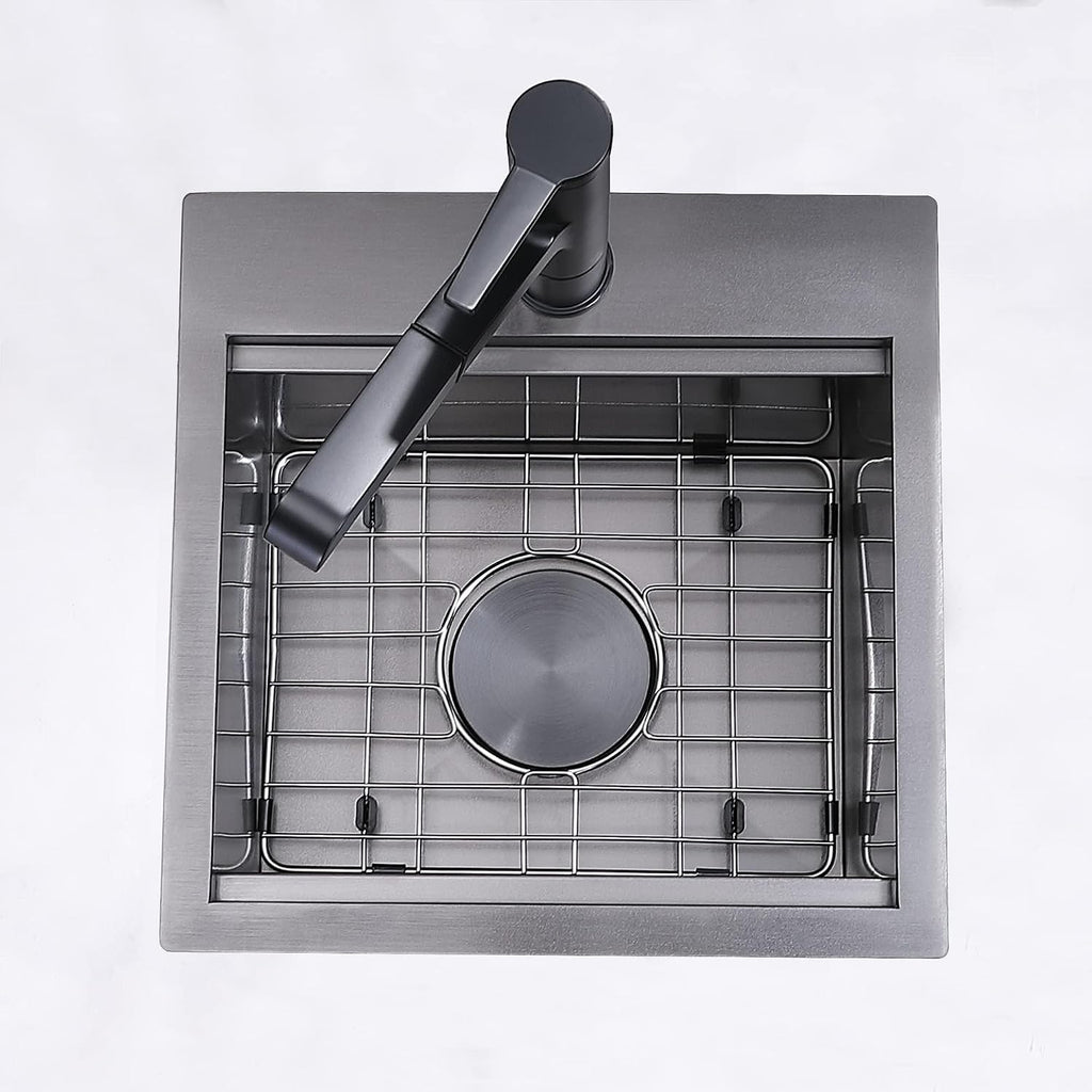 IKEBANA 15x15 Inch Black Drop In Bar Sink Workstation, 16 Gauge Stainless Steel Top Mount Single Bowl Handmade Gunmetal Black Wet Bar Sink for Outdoor Prep RV Laundry with Grid & Cutting Board